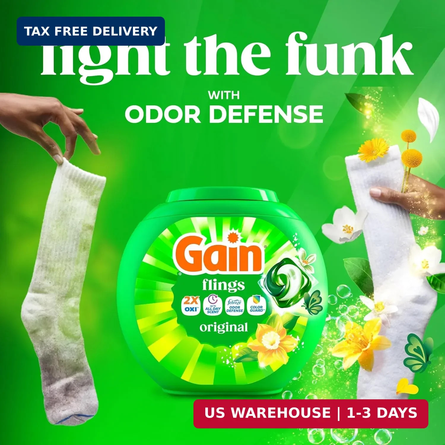 Gain Flings Liquid Washing Detergent Pods, Now with Odor Defense + Color Guard,