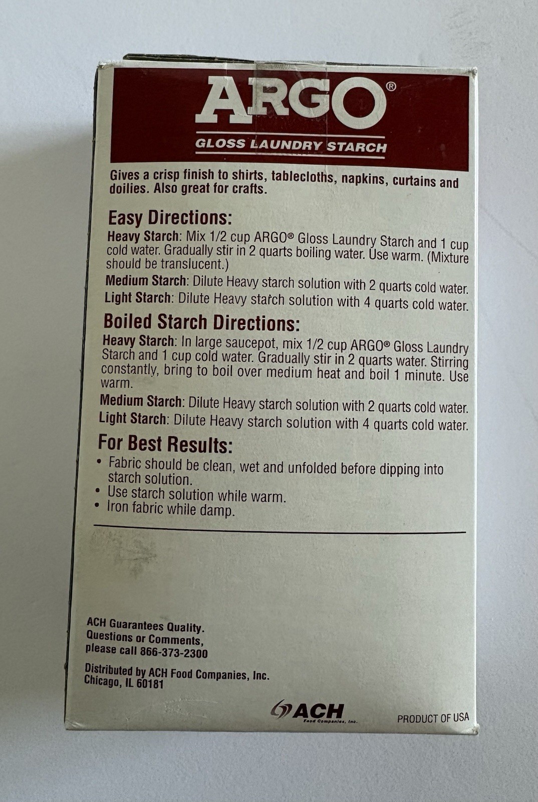 Argo Gloss Laundry Starch Crisp Finish 16 oz Discontinued HTF NOS Crafts Red Box