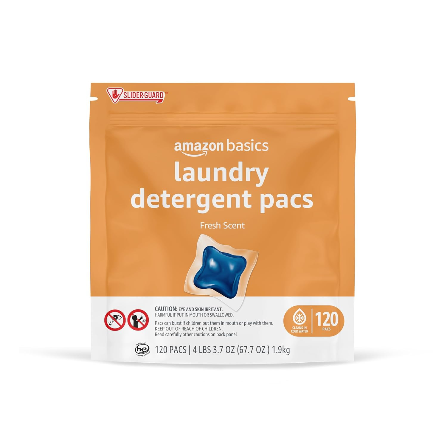 Laundry Detergent Pacs, Fresh Scent, HE Compatible, Dissolves in Cold Water, 120