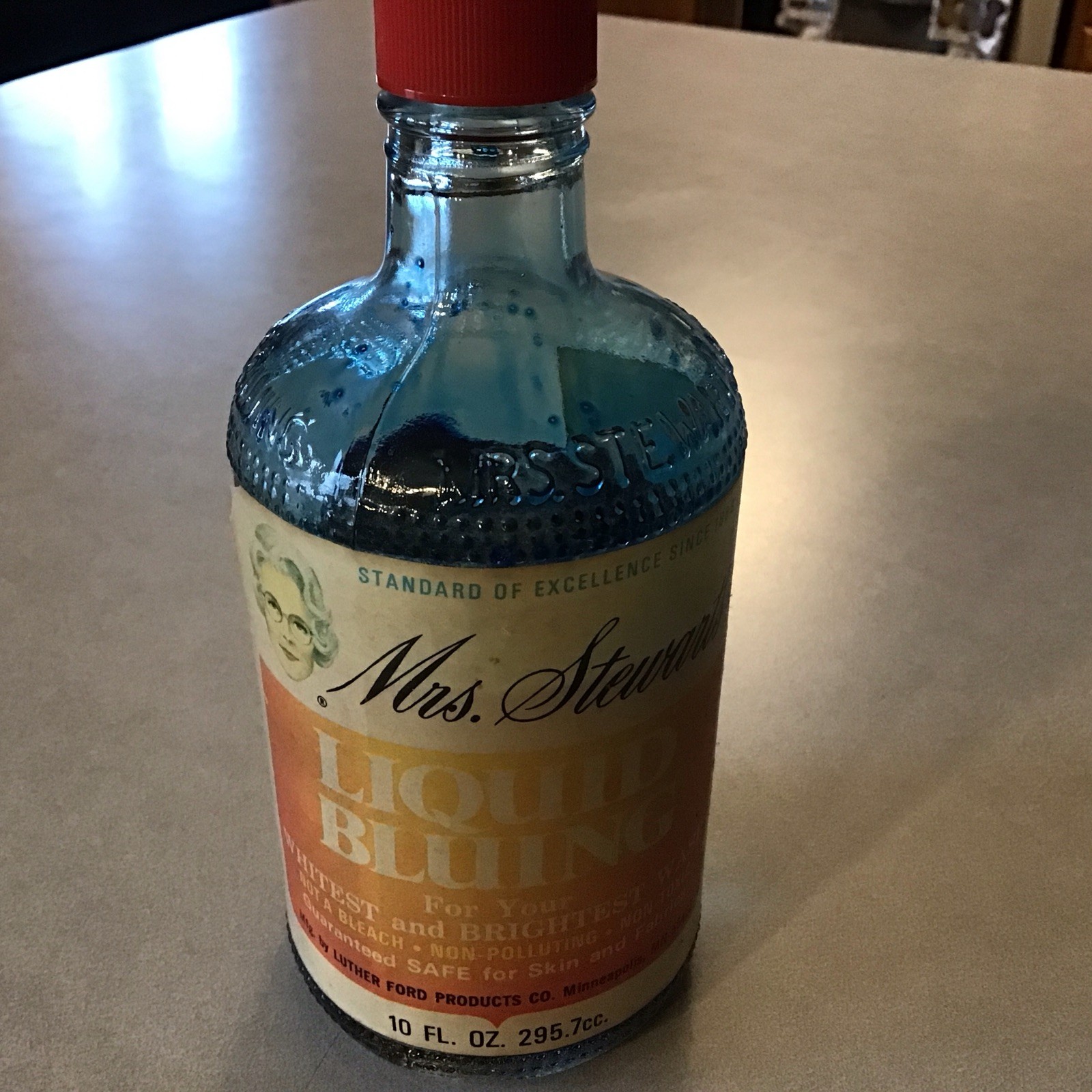Vintage 1963 Mrs. Stewart’s Liquid Bluing Embossed Glass Bottle 10 oz