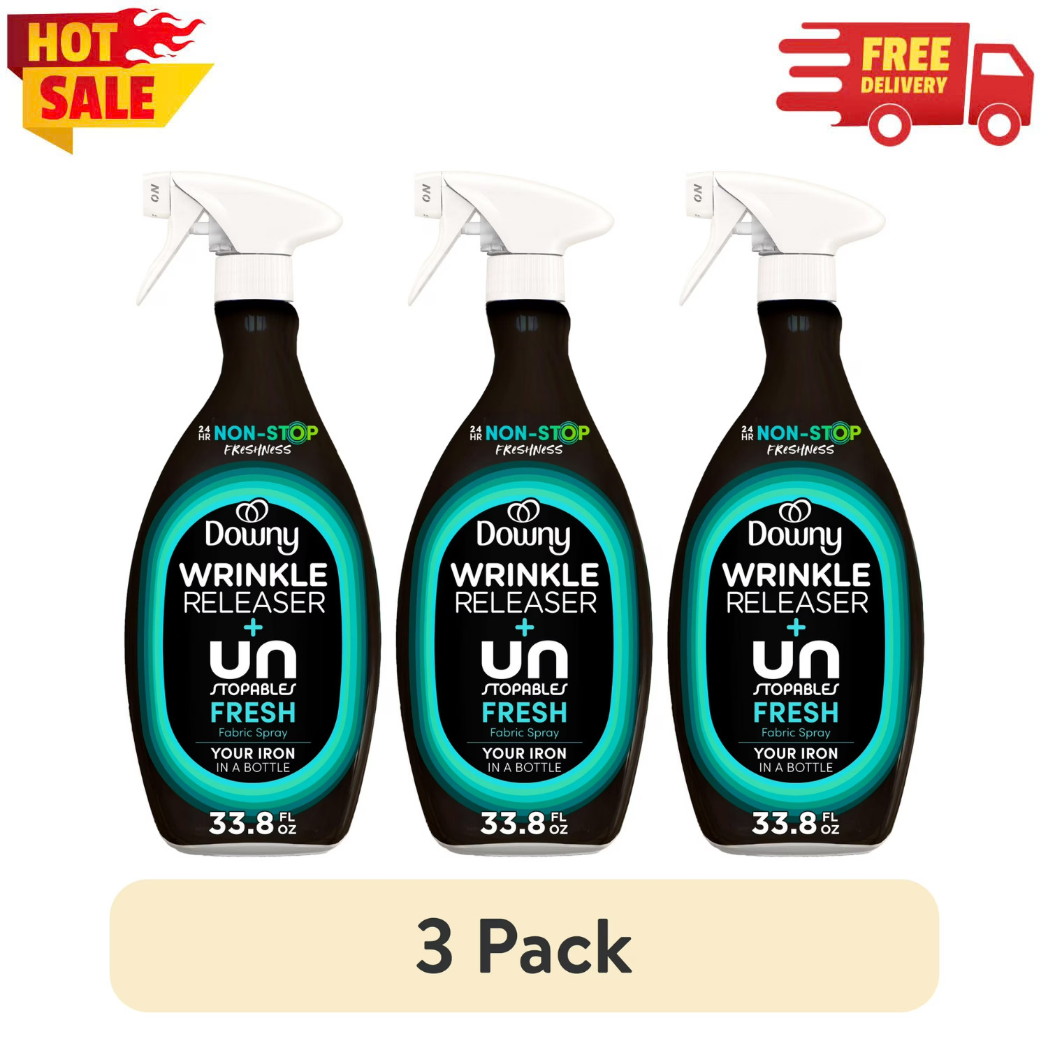 3 Pack Downy Wrinkle Releaser & Refresher Fabric Spray Unstopables Fresh 33.8 oz