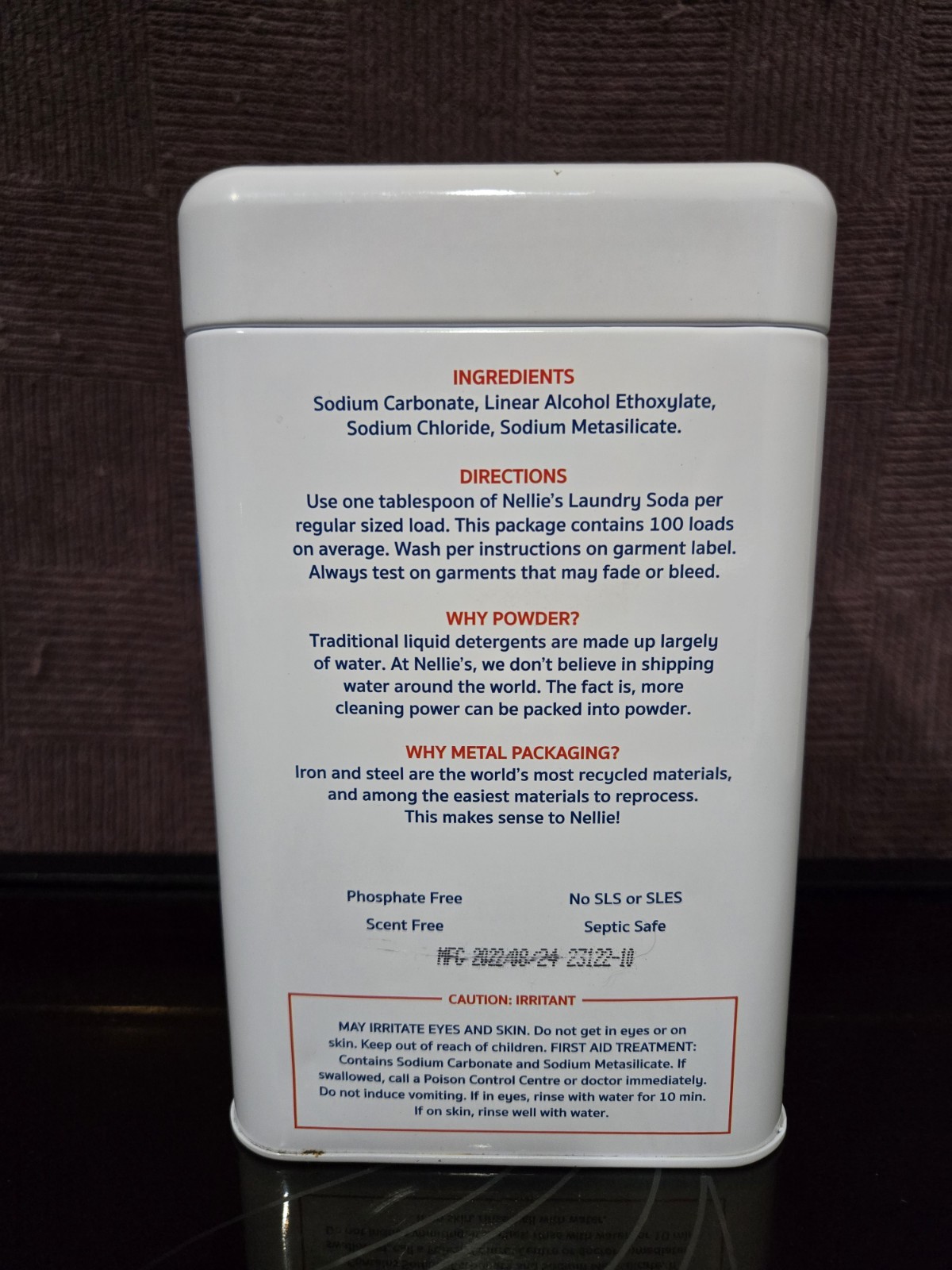 Nellie’s Laundry Detergent Powder 100 Loads Scent Free Phosphate Free Metal Tin