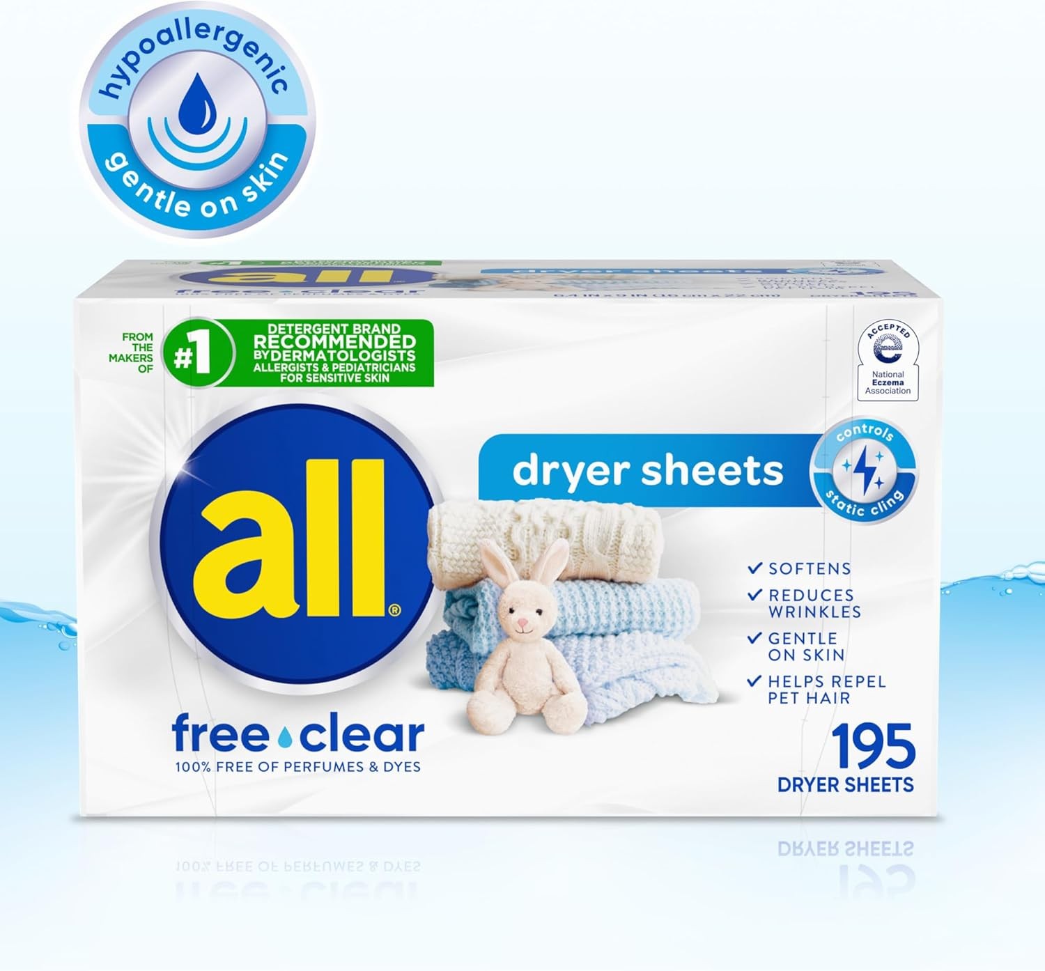 all Fabric Softener Dryer Sheets for Sensitive Skin, Free Clear, 195 Count