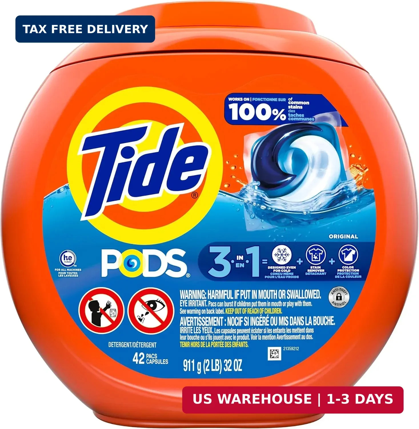Tide PODS laundry detergent pacs, 3-in-1 Stain Remover, Odor Fighter, Color Prot
