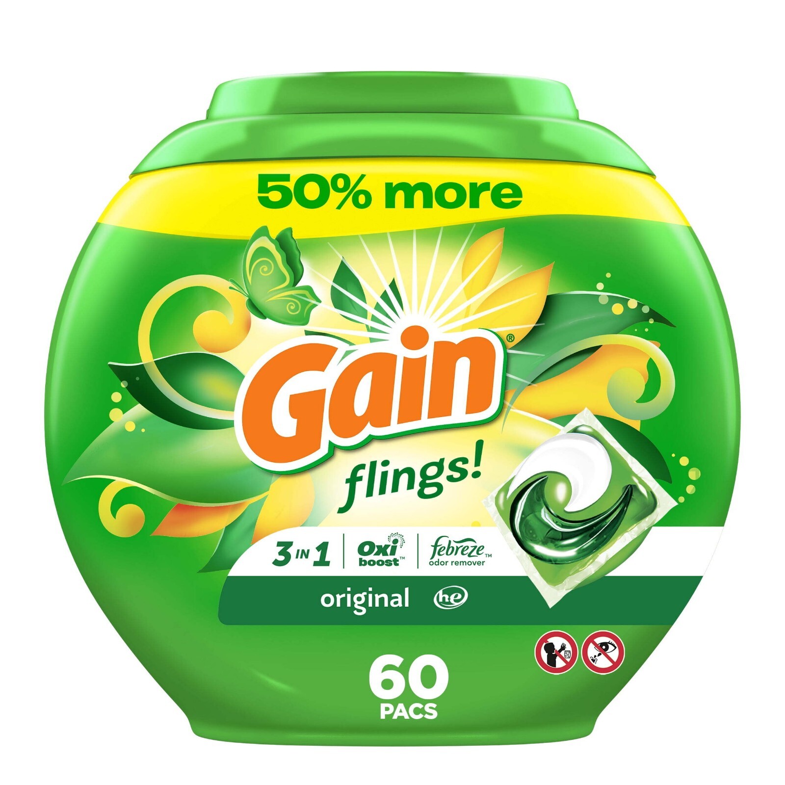 3 PACK Gain Flings Laundry Detergent Packs with Oxi Boost and Febreze, 60 Count