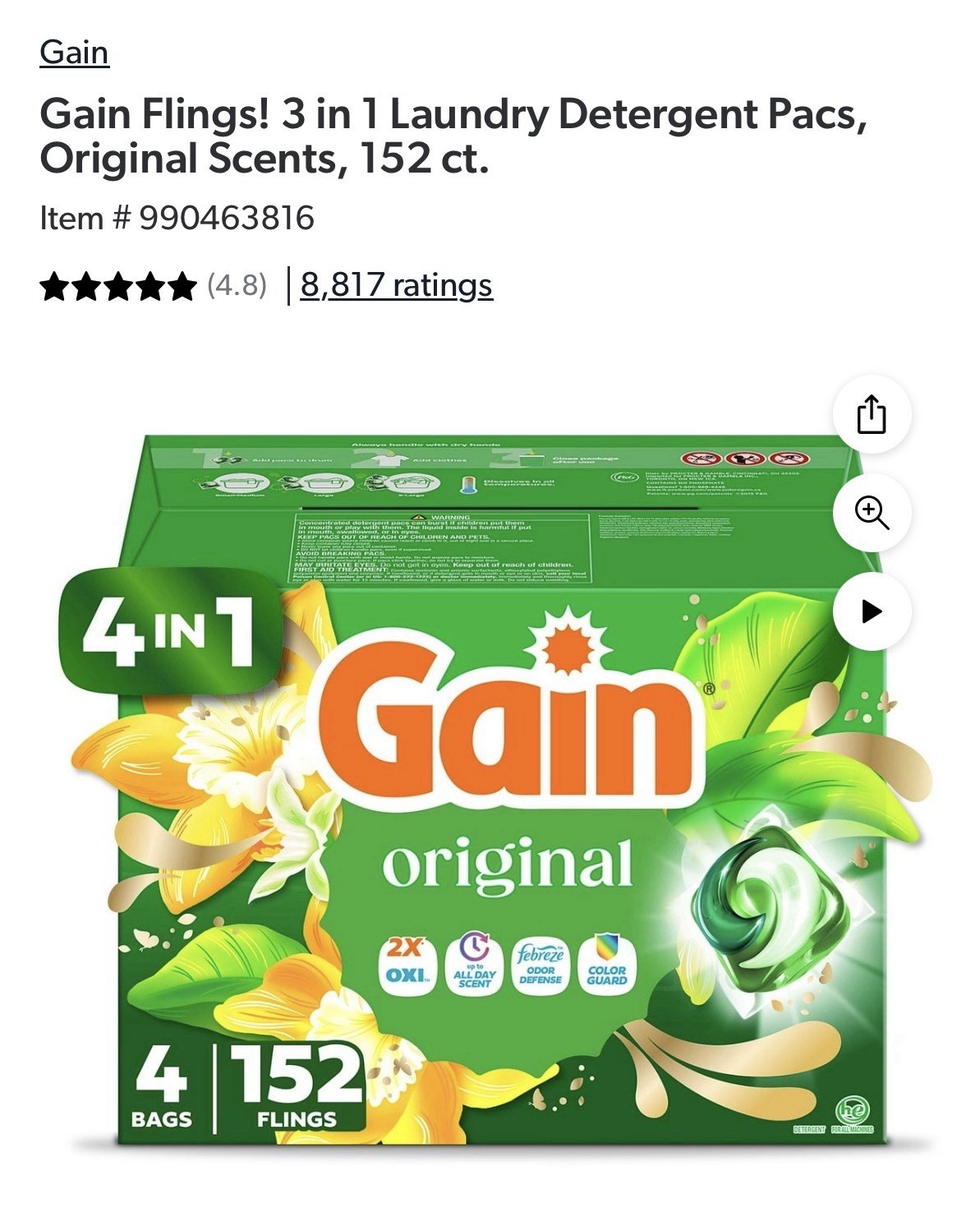 Gain Flings Laundry Detergent Pacs, Orginal, 152 ct.
