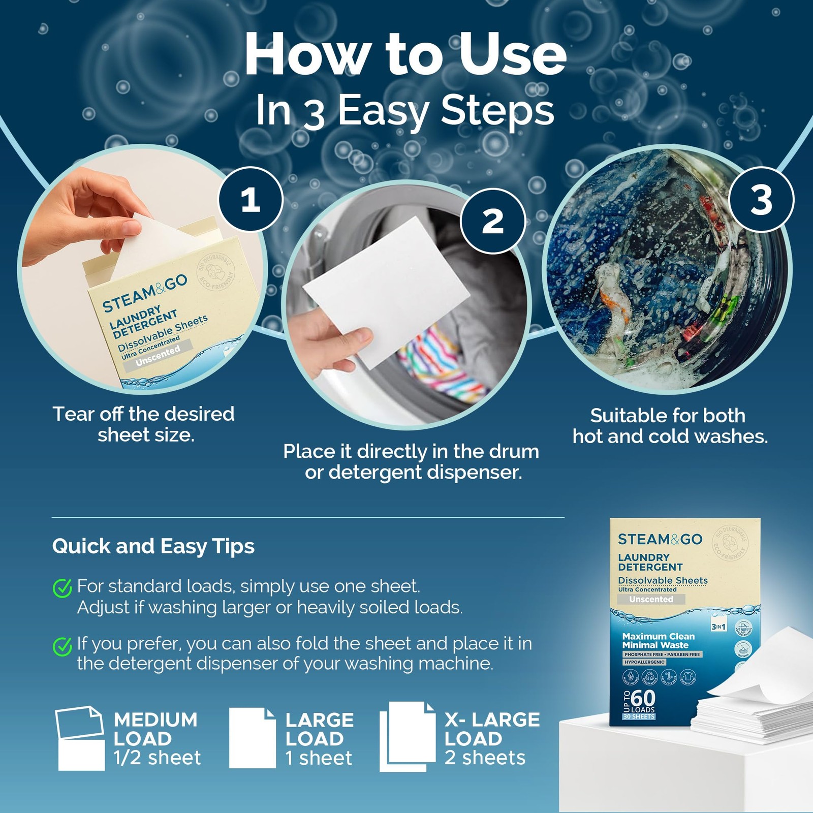 Steam & Go 3-in-1 Dissolvable Laundry Detergent Sheets – Hypoallergenic & Fra…