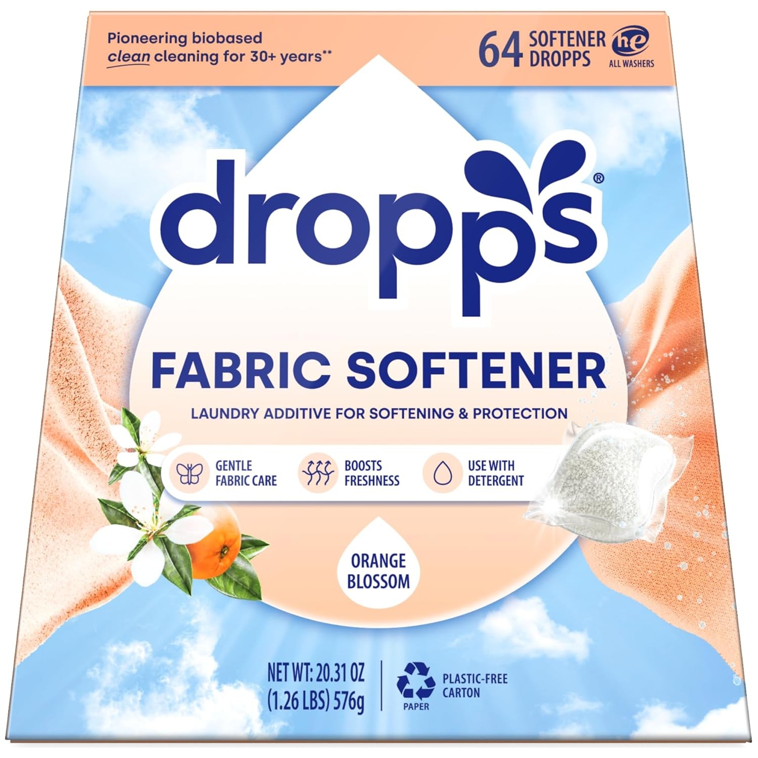 Laundry Fabric Softener Pods 64 Count Orange Blossom Scent Dropps Eco Friendly