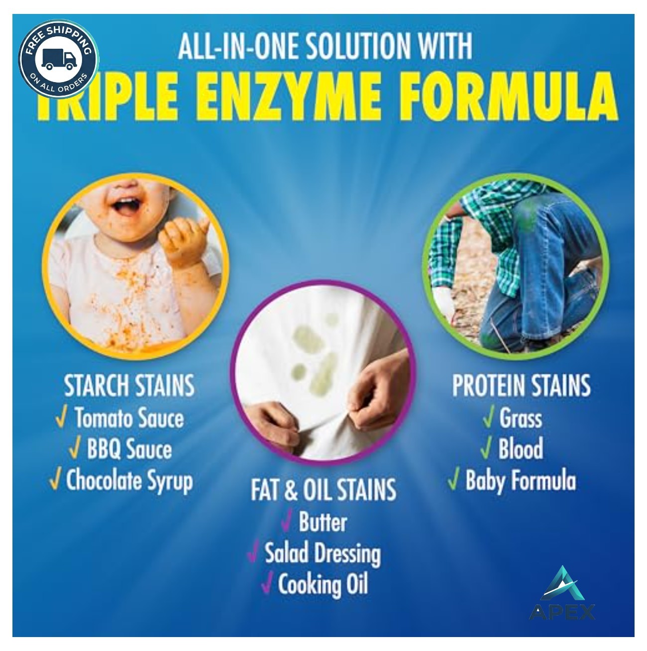 Laundry Stain Remover 12oz Triple Enzyme Formula Blood Grass BBQ Oil