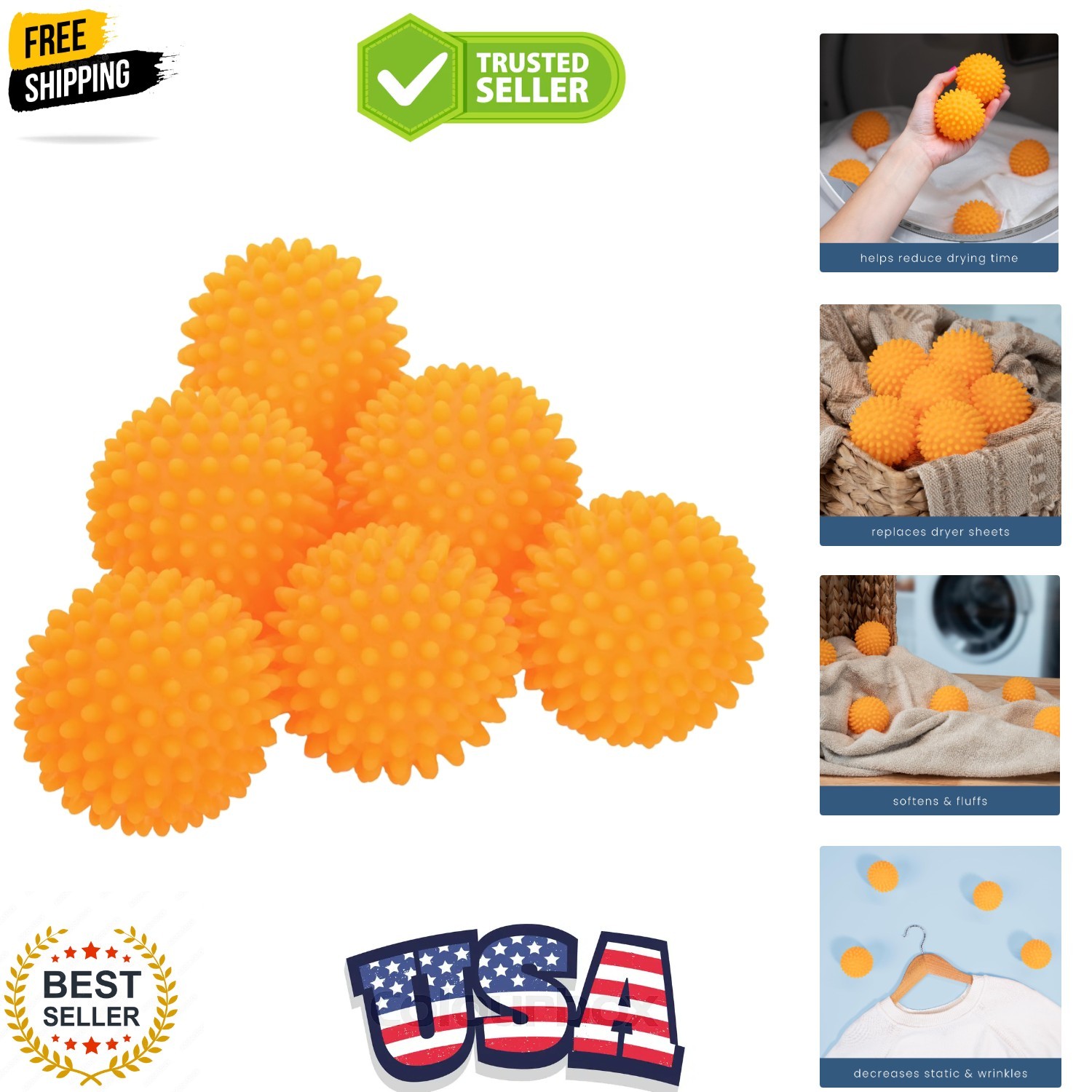 Reusable Plastic Dryer Balls, Fabric Softener for Laundry, Orange, 2.5 in, 6 …