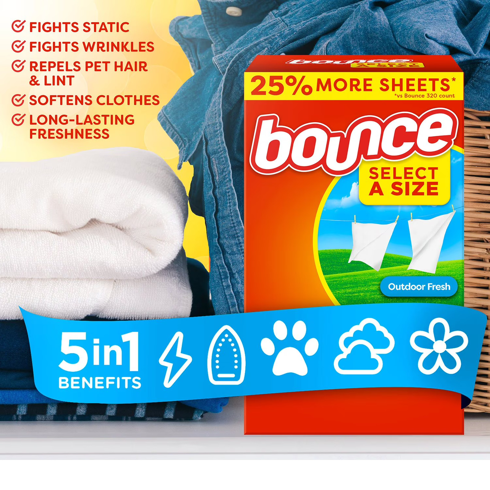 Bounce Select a Size Fabric Softener Dryer Sheets Outdoor Fresh 400 Anti Static