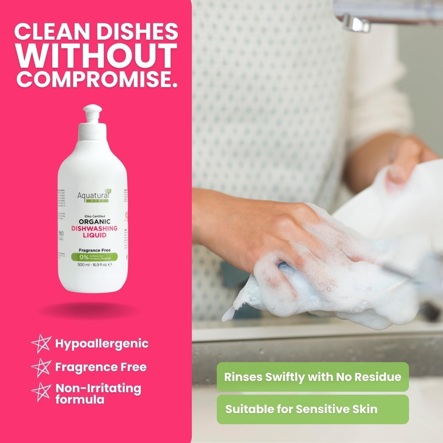 Organic Dishwashing Liquid 16.9 Fl Oz, Plant Based, Unscented, Sensitive Skin