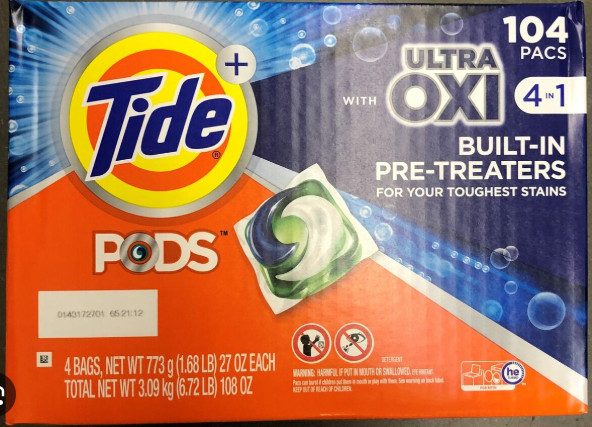 Tide PODS Liquid Detergent Pacs, 4-in-1 Ultra Oxi, 104 ct.