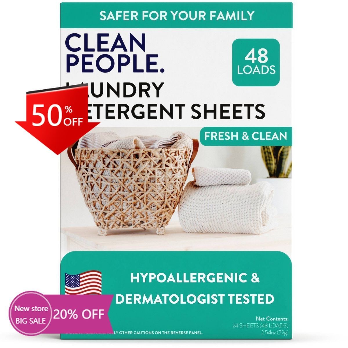 Clean People Laundry Detergent Sheets – Fresh & Clean – 48 Loads: Hypoallergenic