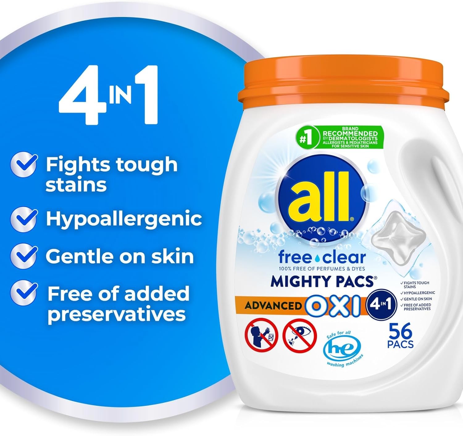 Unit Dose Laundry Detergent Mighty Pacs Free Clear OXI 72 Count