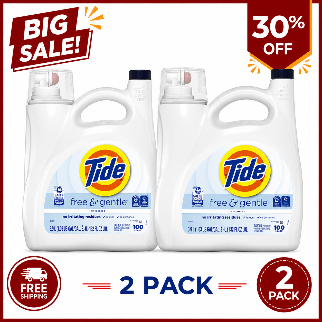 [BIG DEAL] 2 Pack Tide Free & Gentle HE Liquid Laundry Detergent 132 fl oz