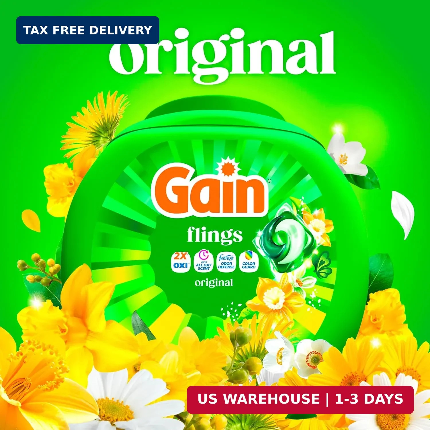 Gain Flings Liquid Washing Detergent Pods, Now with Odor Defense + Color Guard,