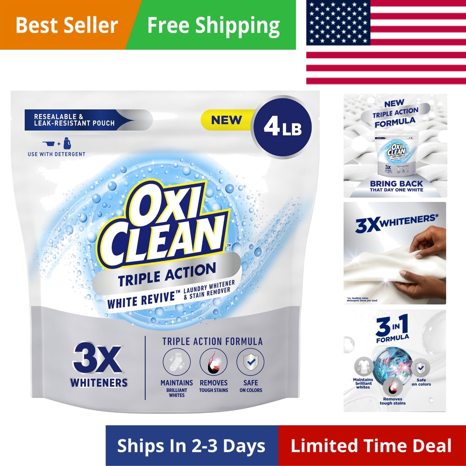 Triple Action White Revive Laundry Whitener and Stain Remover Powder, Use wit…