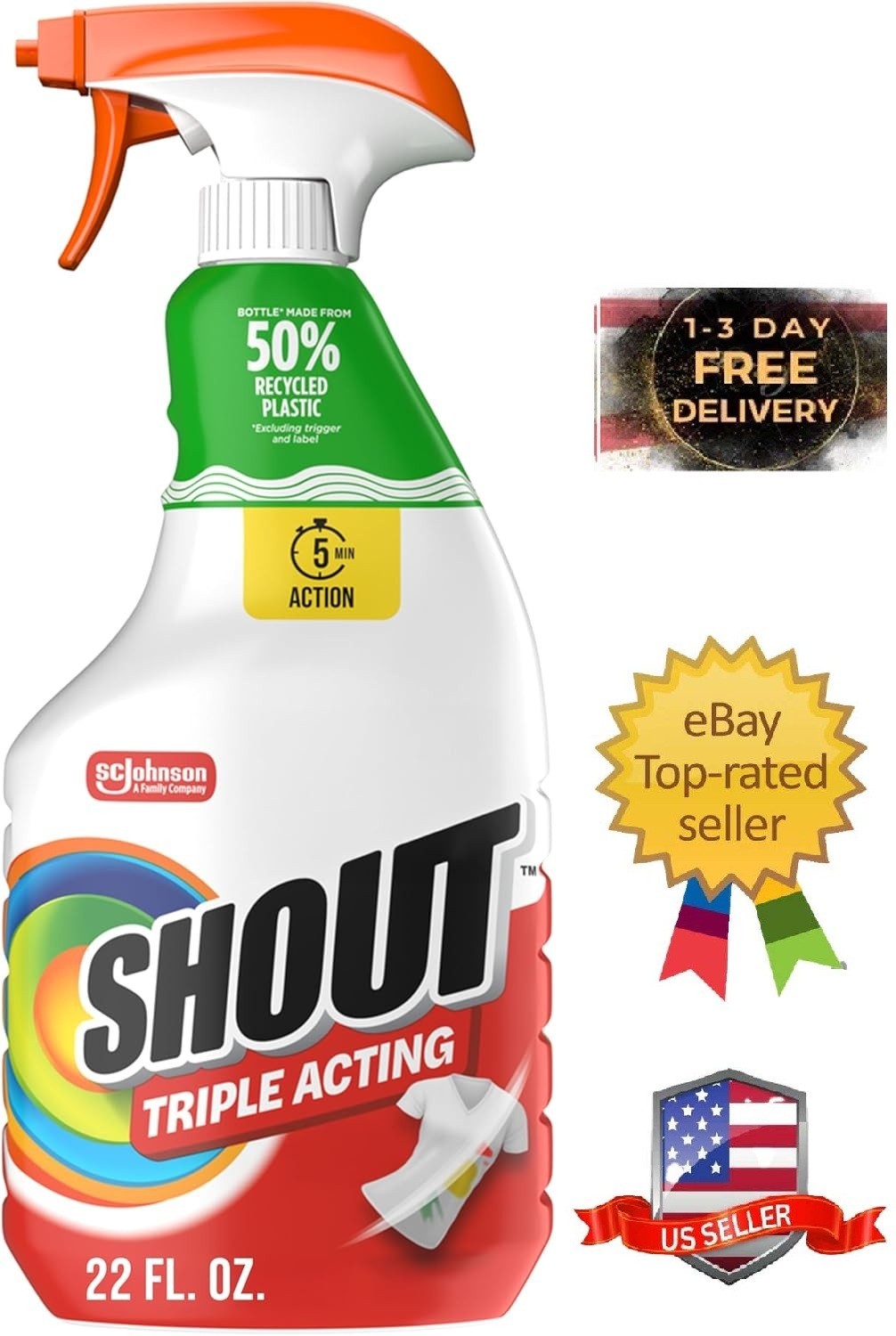 Shout Active Enzyme Laundry Stain Remover Spray, Triple-Action Prewash 22oz
