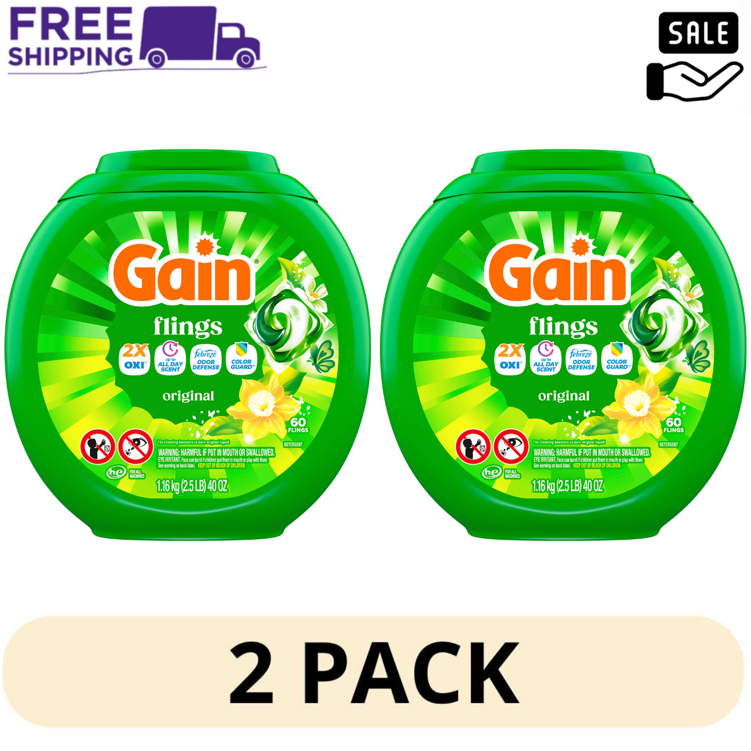 2 Pack Gain Flings 4-in-1 Oxi Boost Original 60 Count