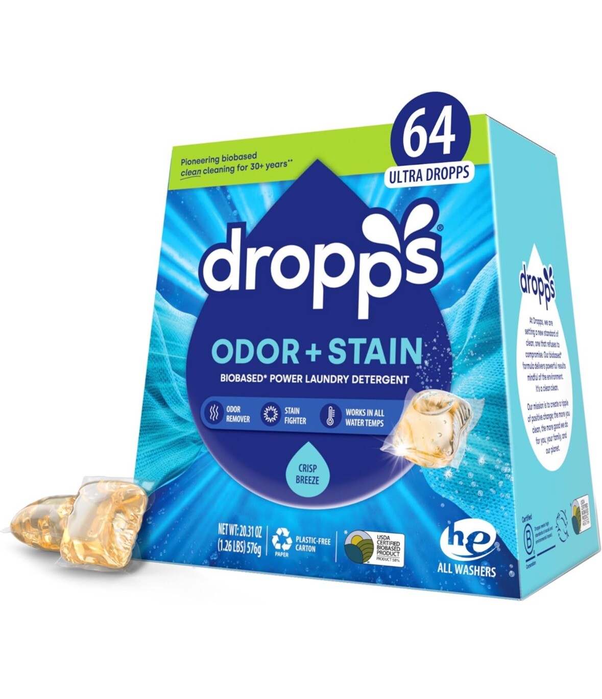 Dropps Odor & Stain Biobased Power Laundry Detergent Pods Clean & Crisp 64 Count