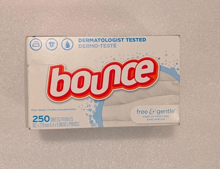 New! Bounce Free & Gentle dryer sheets 250 count box, no perfume, Derm tested