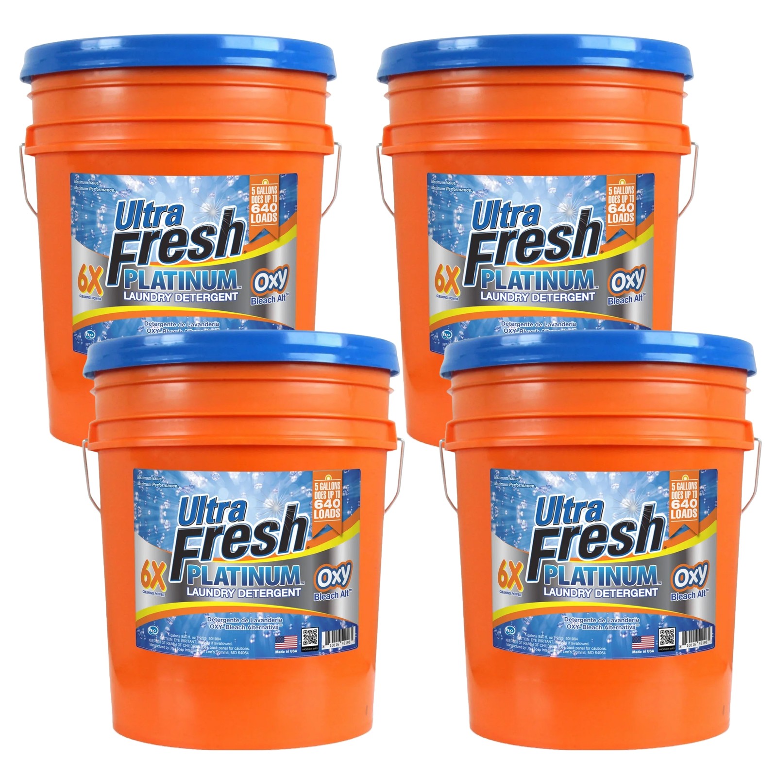 Ultra Fresh 4 Pack 6X Platinum Laundry Detergent, 640 Loads, Bleach Alt, 5 Gal