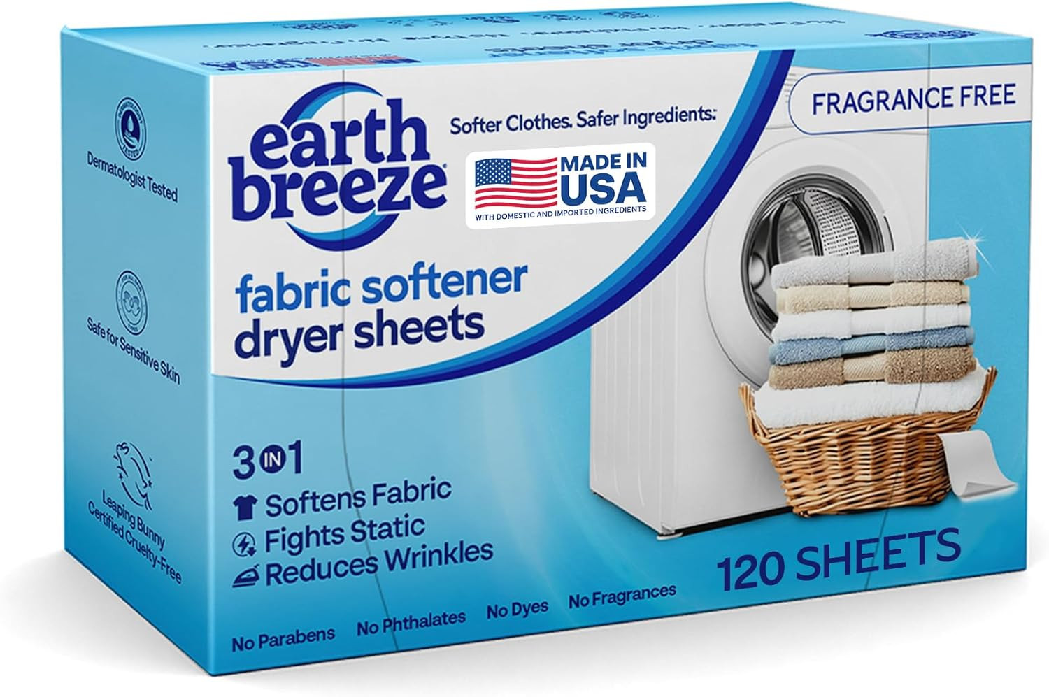 Earth Breeze Fabric Softener Dryer Sheets – Fragrance Free, Hypoallergenic, No H