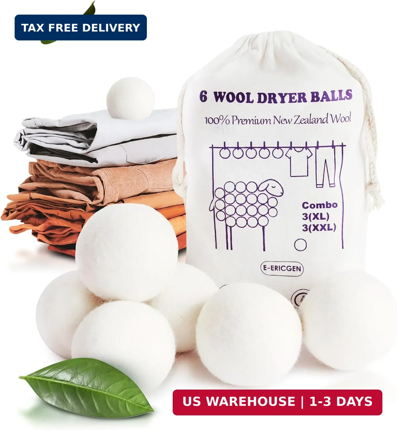 Wool Dryer Balls XL 6-Pack (3 XXL + 3 XL) – 100% New Zealand Wool, Hypoallergeni