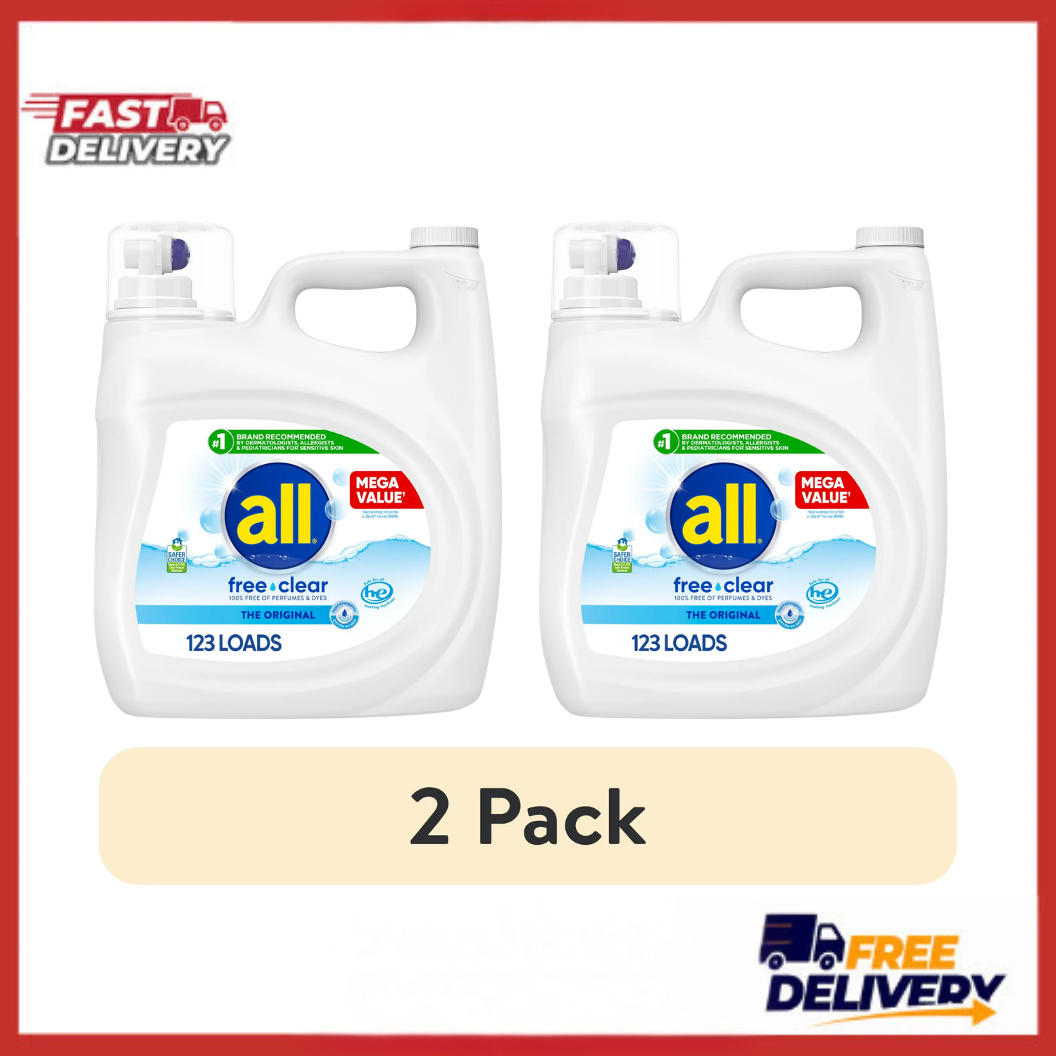 (2 Pack) all Free Clear Liquid Laundry Detergent, 154 oz, 123 Loads