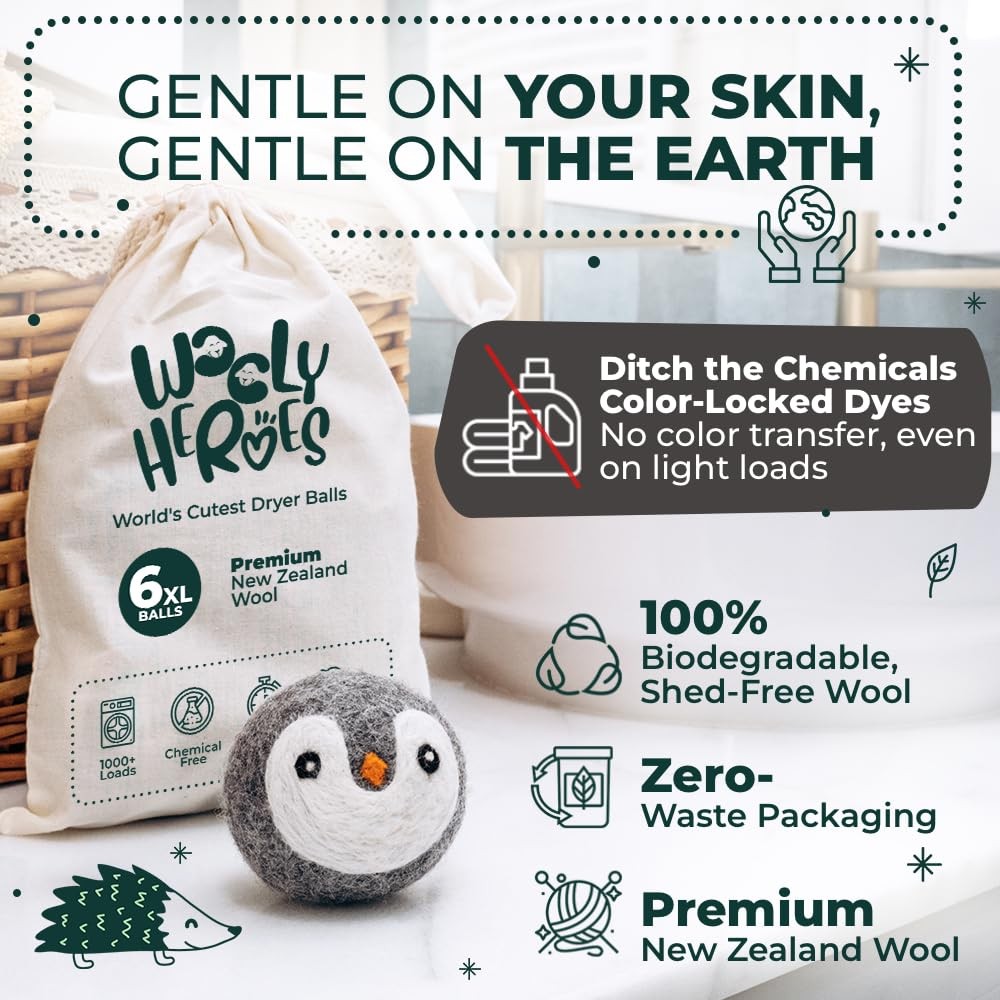 Chemical Free & Baby Safe Reusable Wool Dryer Balls XL 6Pack Reduces Static,…