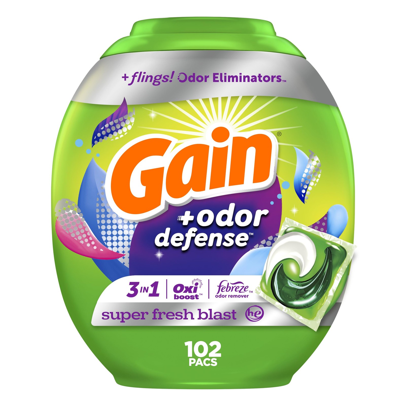 Gain Flings Laundry Detergent Pacs with Odor Defense, 102 Count (Pack of 1)