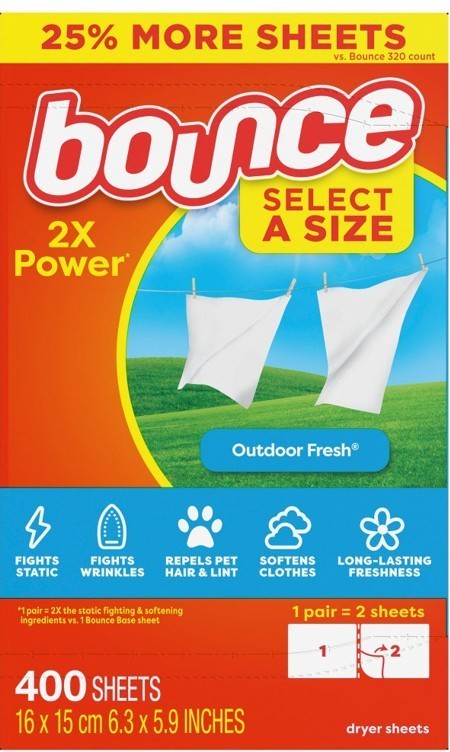 Bounce Select a Size Fabric Softener Dryer Sheets, Outdoor Fresh – 400 Count