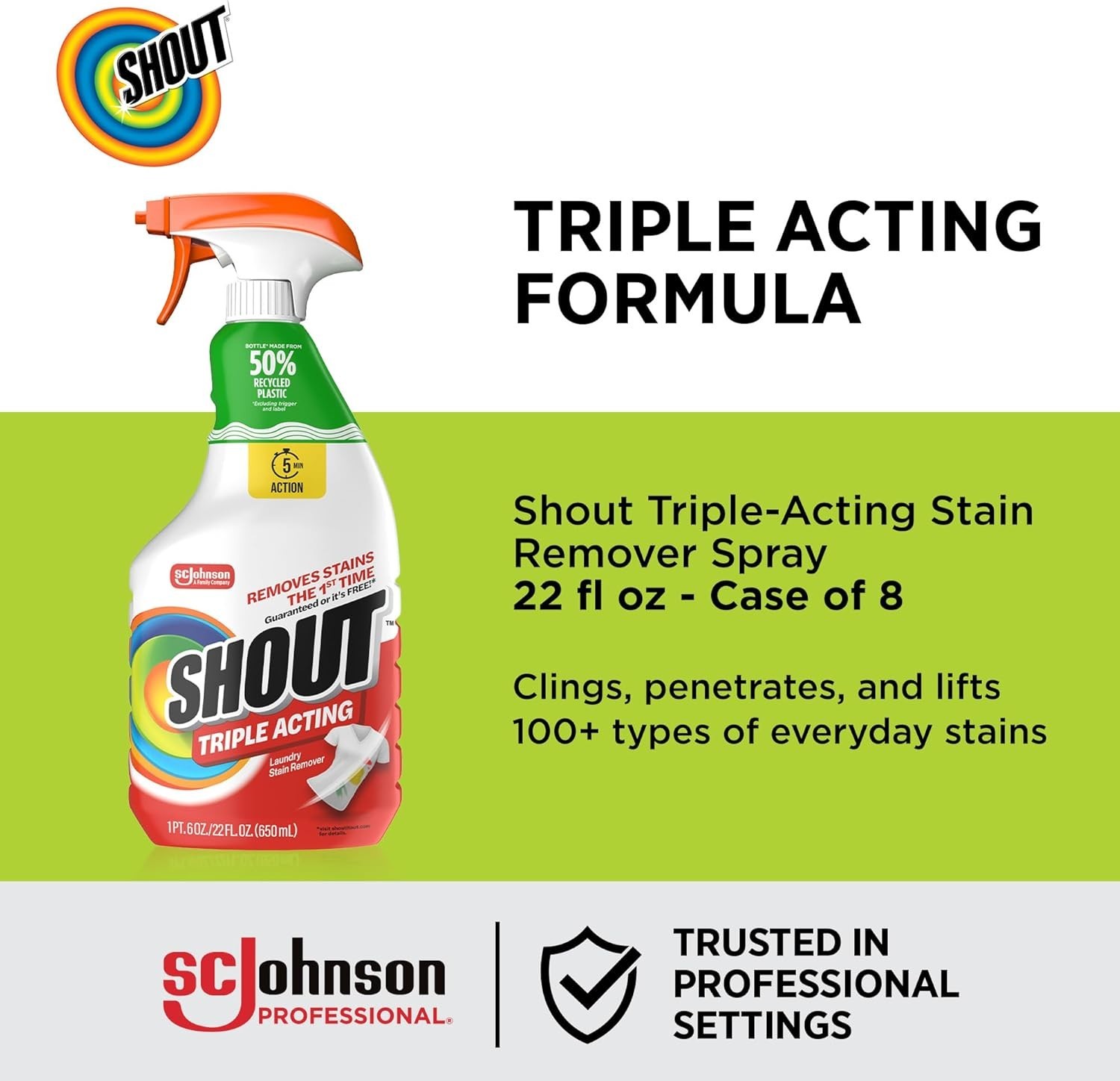 Pack of 8 Shout Active Enzyme Laundry Stain Remover Spray Triple-Acting Formula