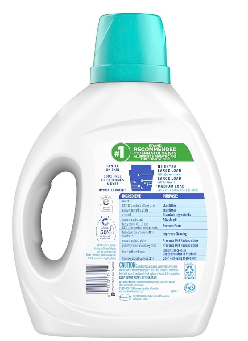 all Liquid Laundry Detergent, Free Clear, Odor Relief, 73 Fluid Ounces, 49 Loads