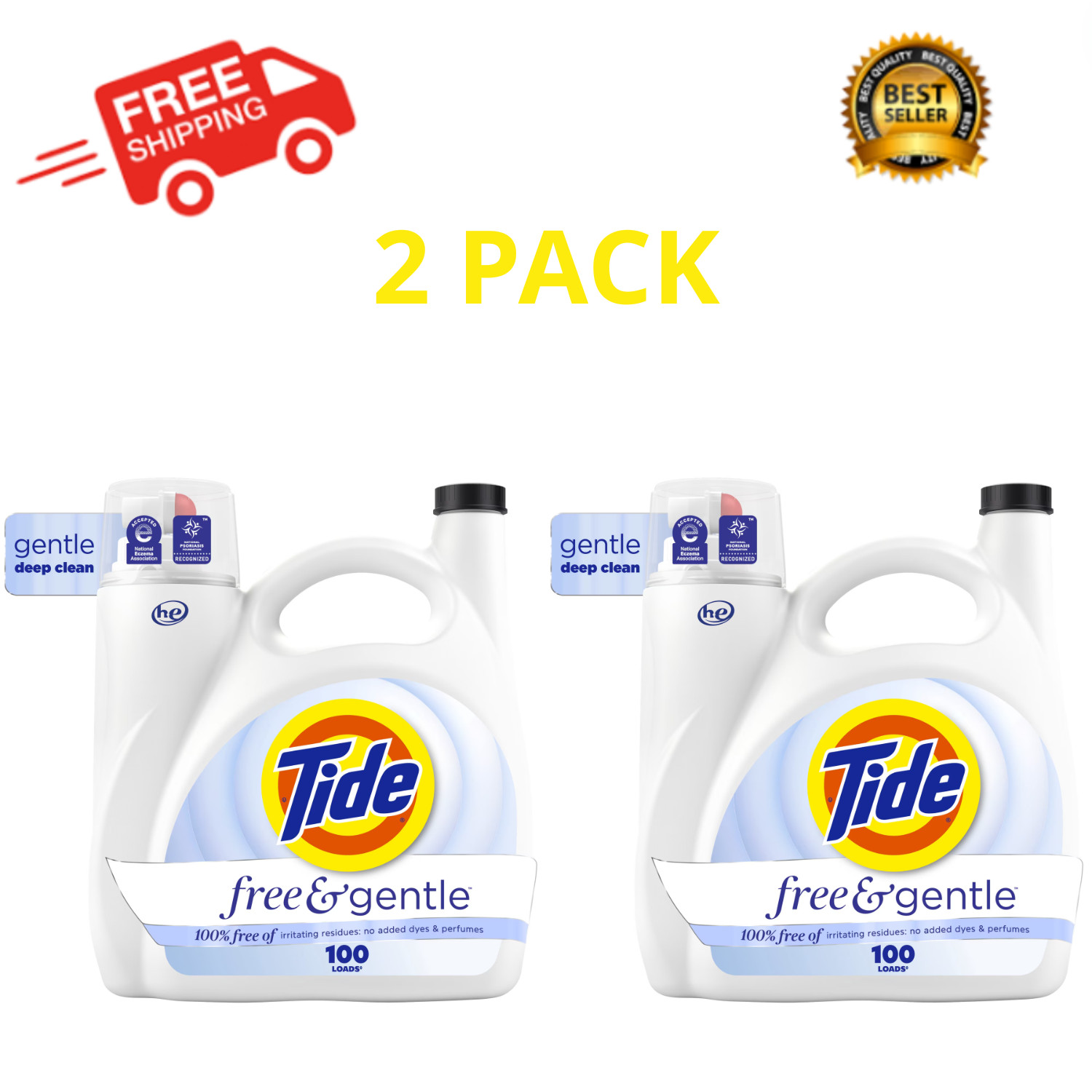 Tide Free & Gentle Liquid Laundry Detergent 132 fl oz 100 Loads, 2 Pack