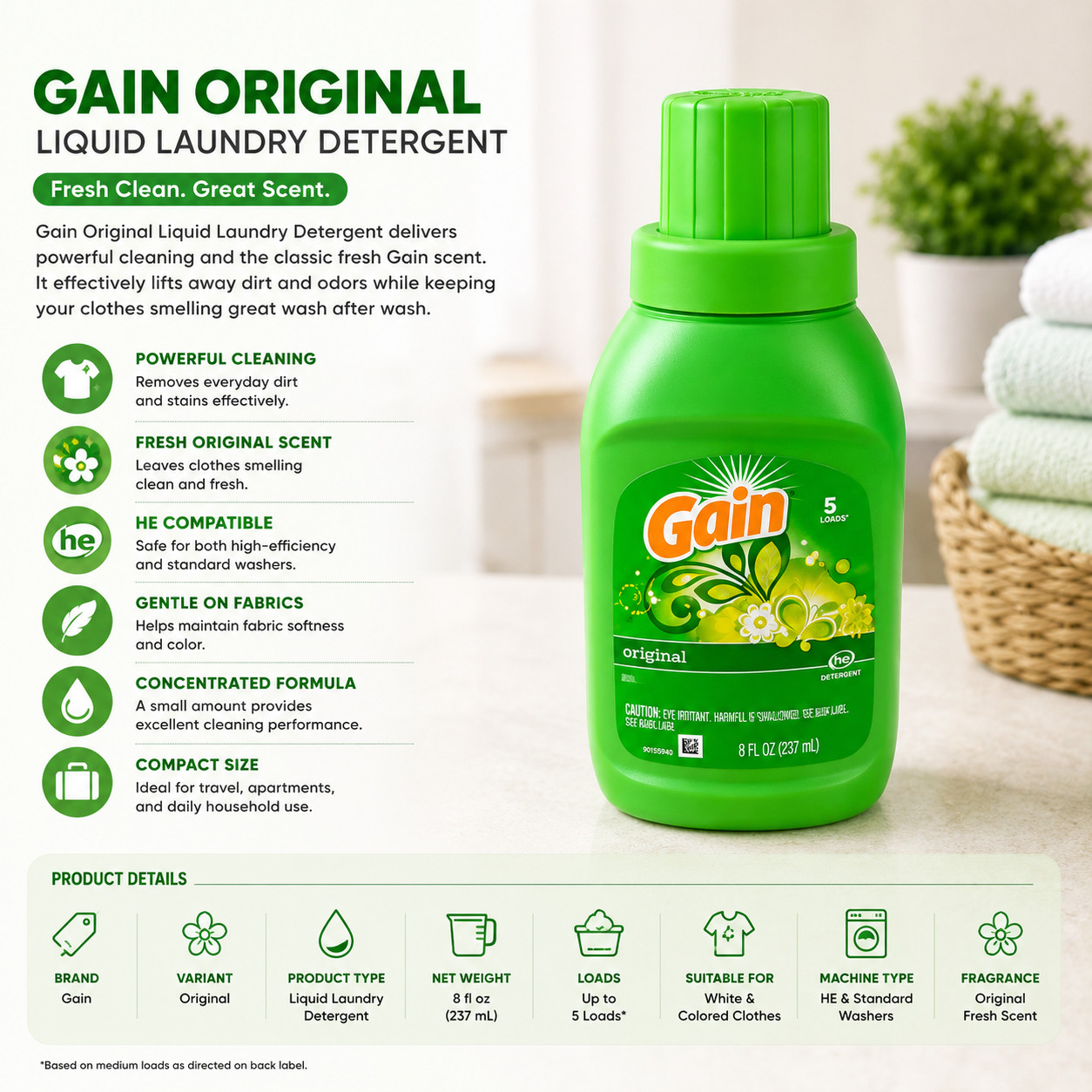 GAIN Original Liquid Laundry Detergent-Pack Of 2 (8 fl oz / 237 ml Each)