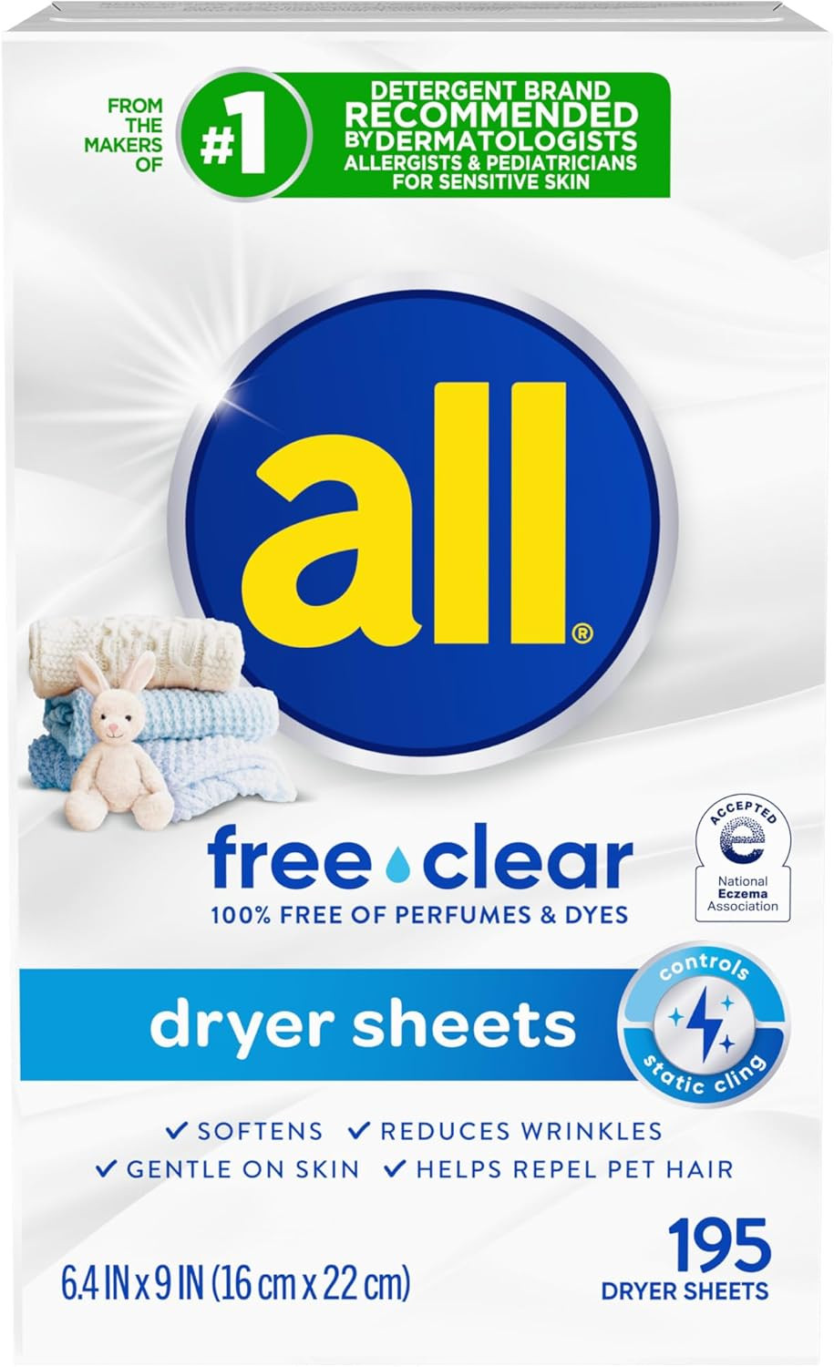 Free Clear Dryer Sheets Unscented Sensitive Skin Anti Static 195 Count