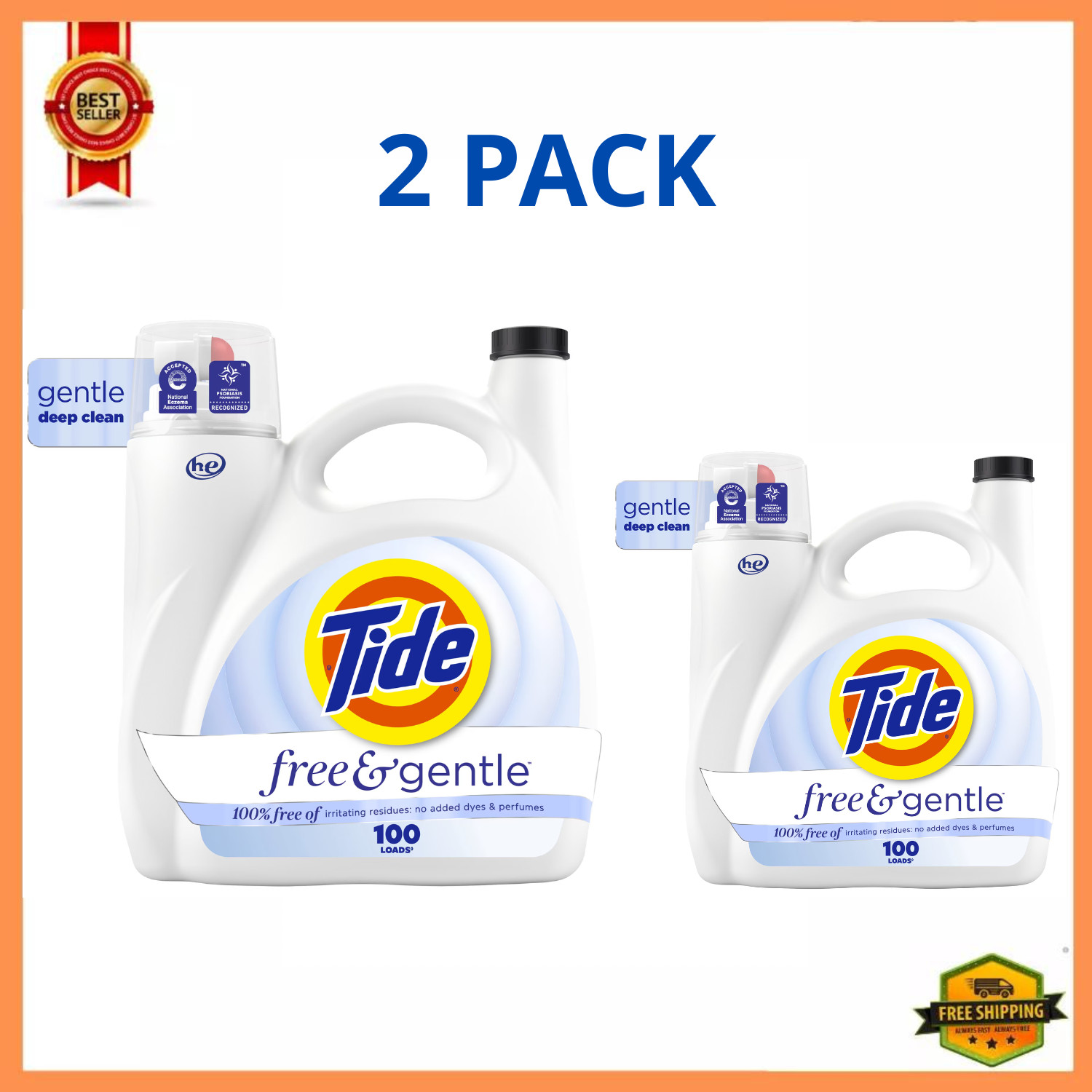 Tide Free & Gentle Liquid Laundry Detergent 132 fl oz 100 Loads, 2 Pack