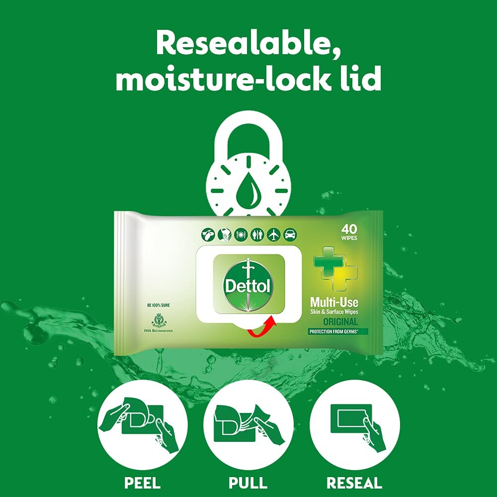 Dettol Germ Protection Wet Wipes 40 Count (Pack of 3) – Moisture-Lock Lid