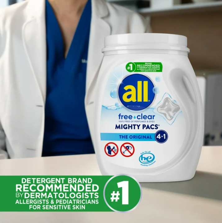 all Mighty Pacs Laundry Detergent Pacs, Free Clear for Sensitive Skin, 60 Count