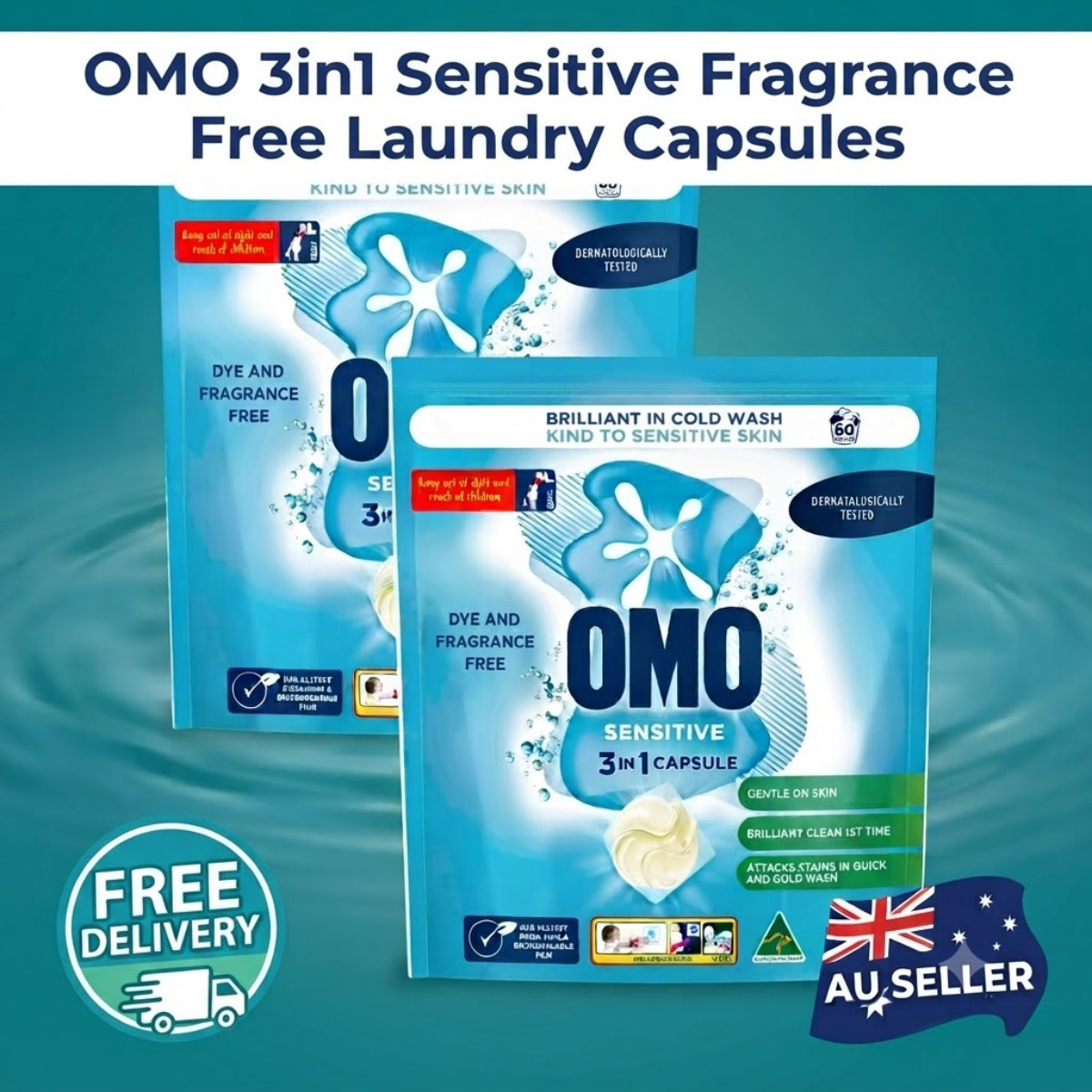 OMO 3in1 Sensitive Fragrance Free Laundry Capsules 120 Pack HE Front Loader