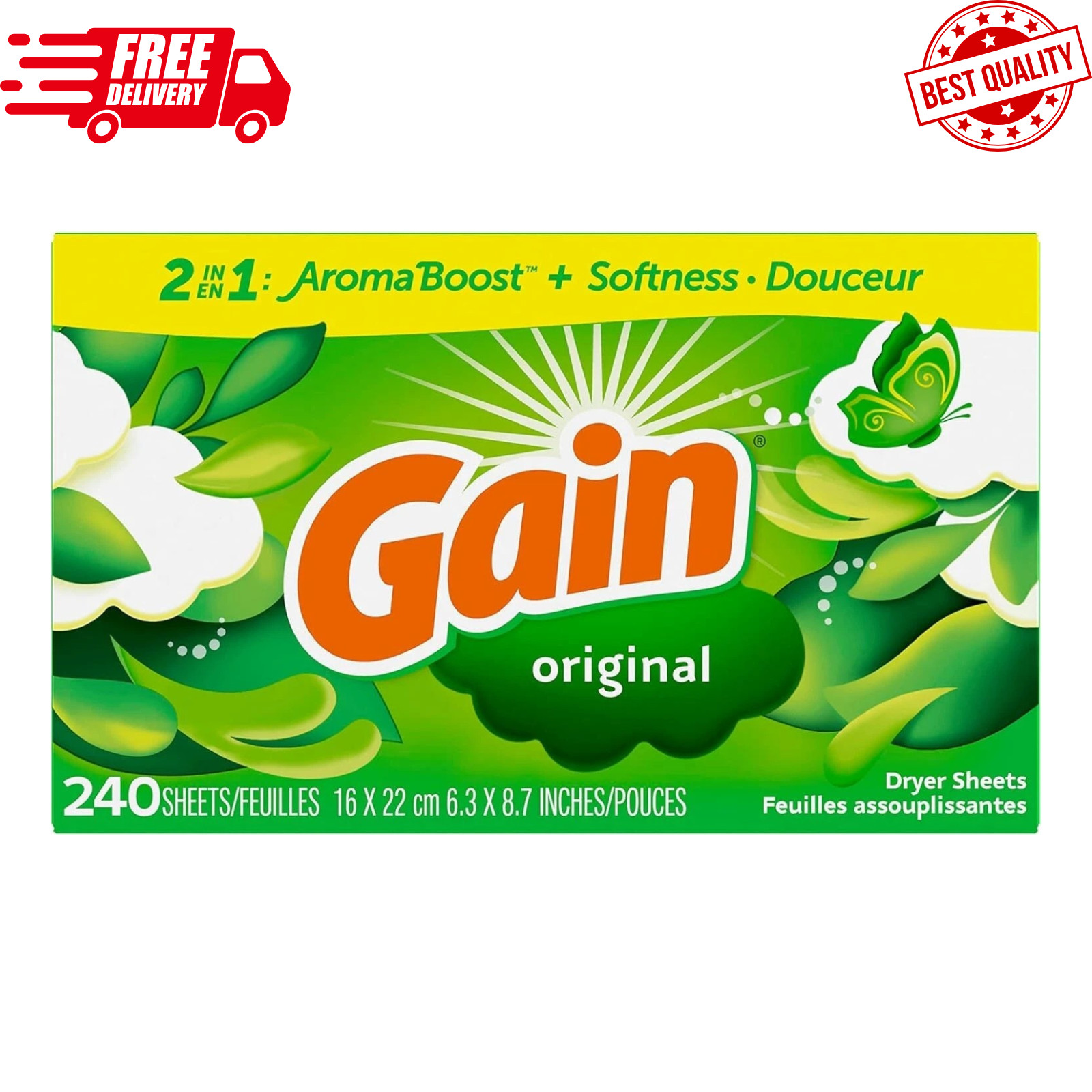 Gain Dryer Sheets Laundry Anti-Static Fabric Softener, Original Scent, 240 Count