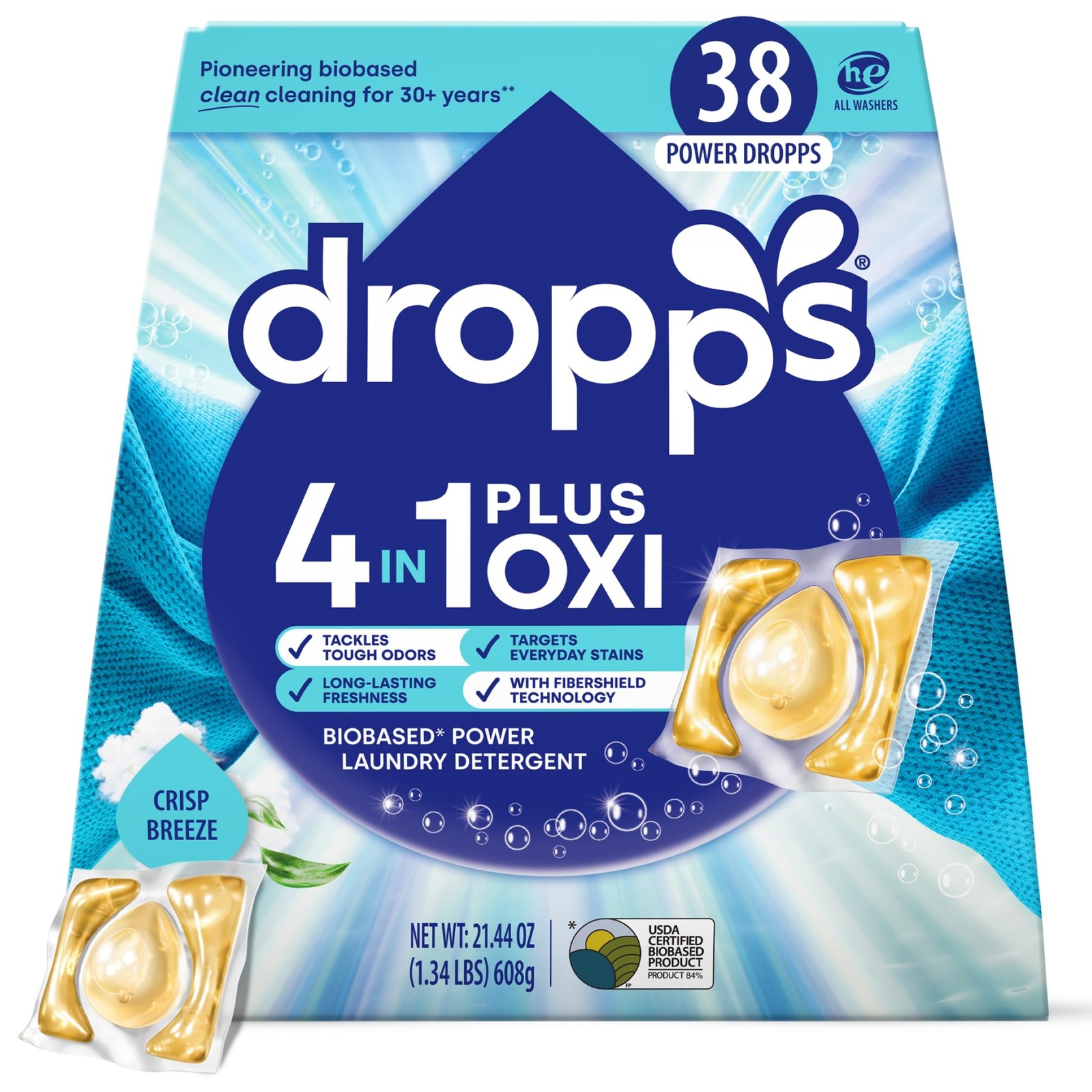 Dropps 4-in-1 Plus Oxi Crisp Breeze Power Biobased 1 Count (Pack of 38)