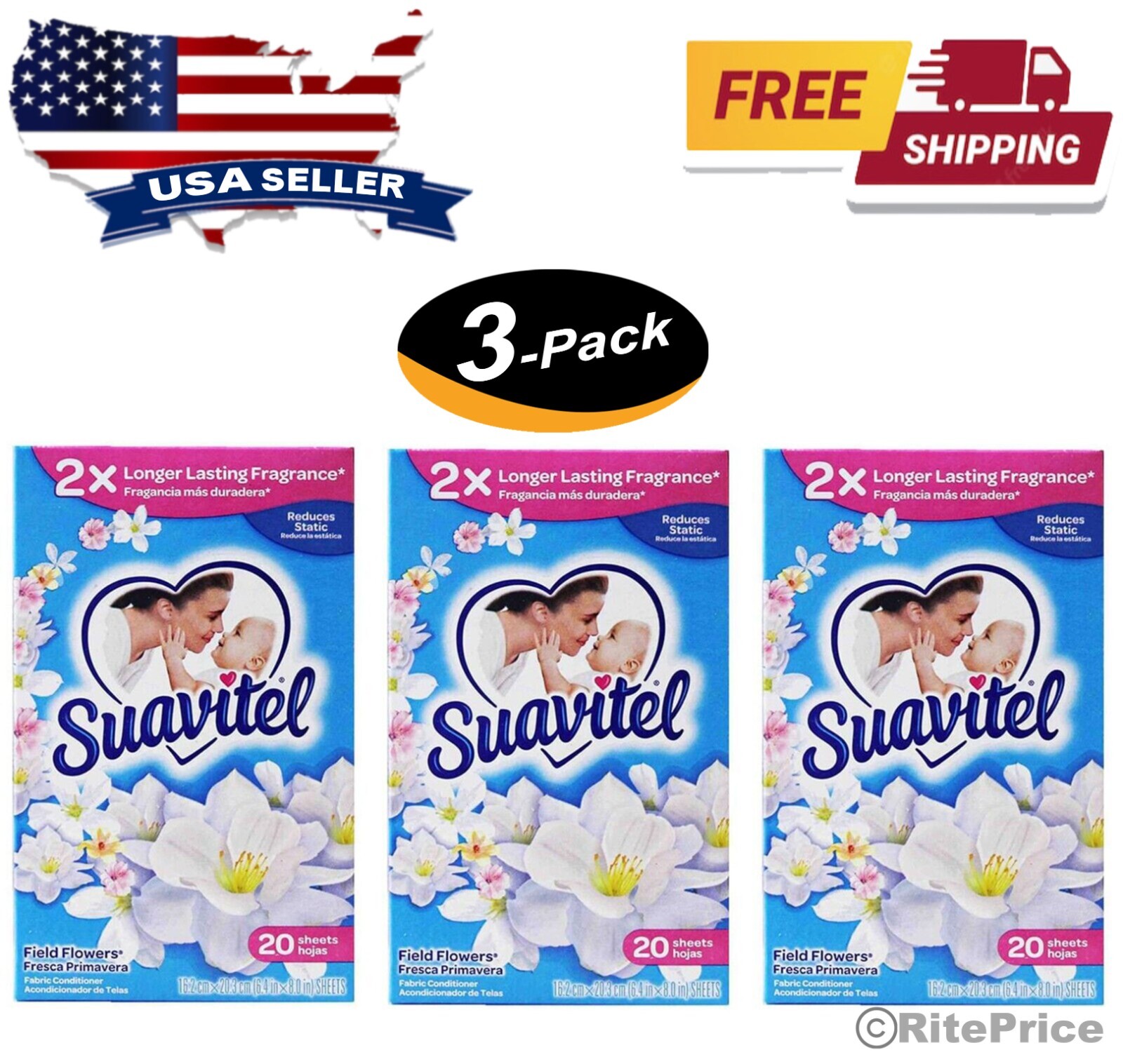 Suavitel Dryer Sheets Field Flowers Reduces Static 20 Count each (3 Pack) – New