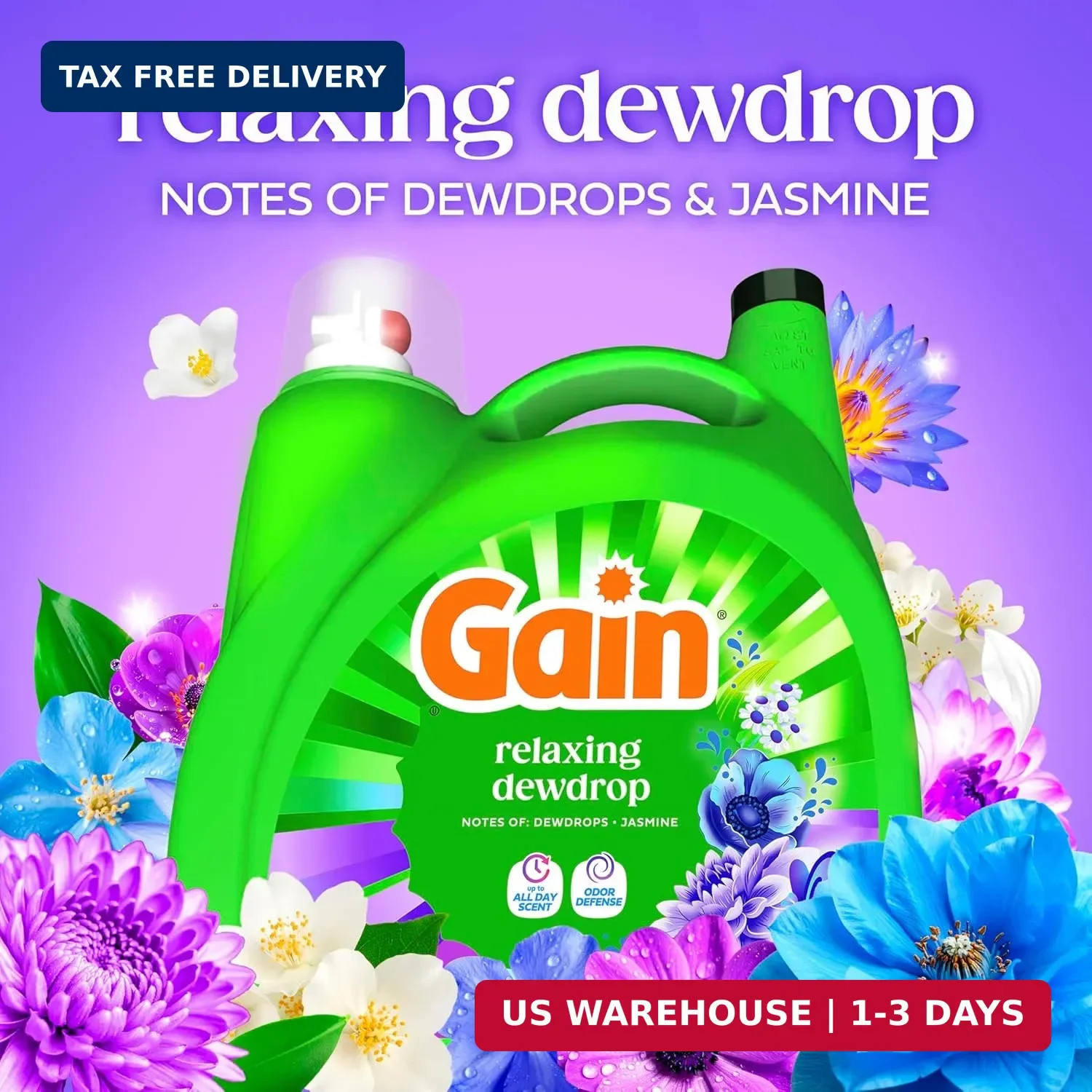 Gain Liquid Laundry Detergent, Now with Odor Defense, Relaxing Dewdrop Scent, 13