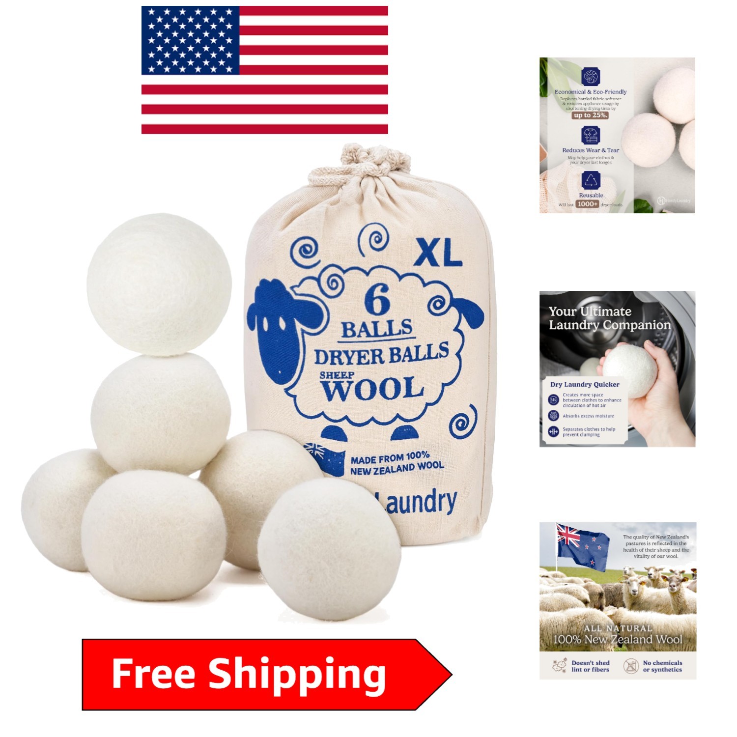 Eco-Friendly Wool Dryer Balls – Natural Fabric Softener, Pack of 6, Saves Time