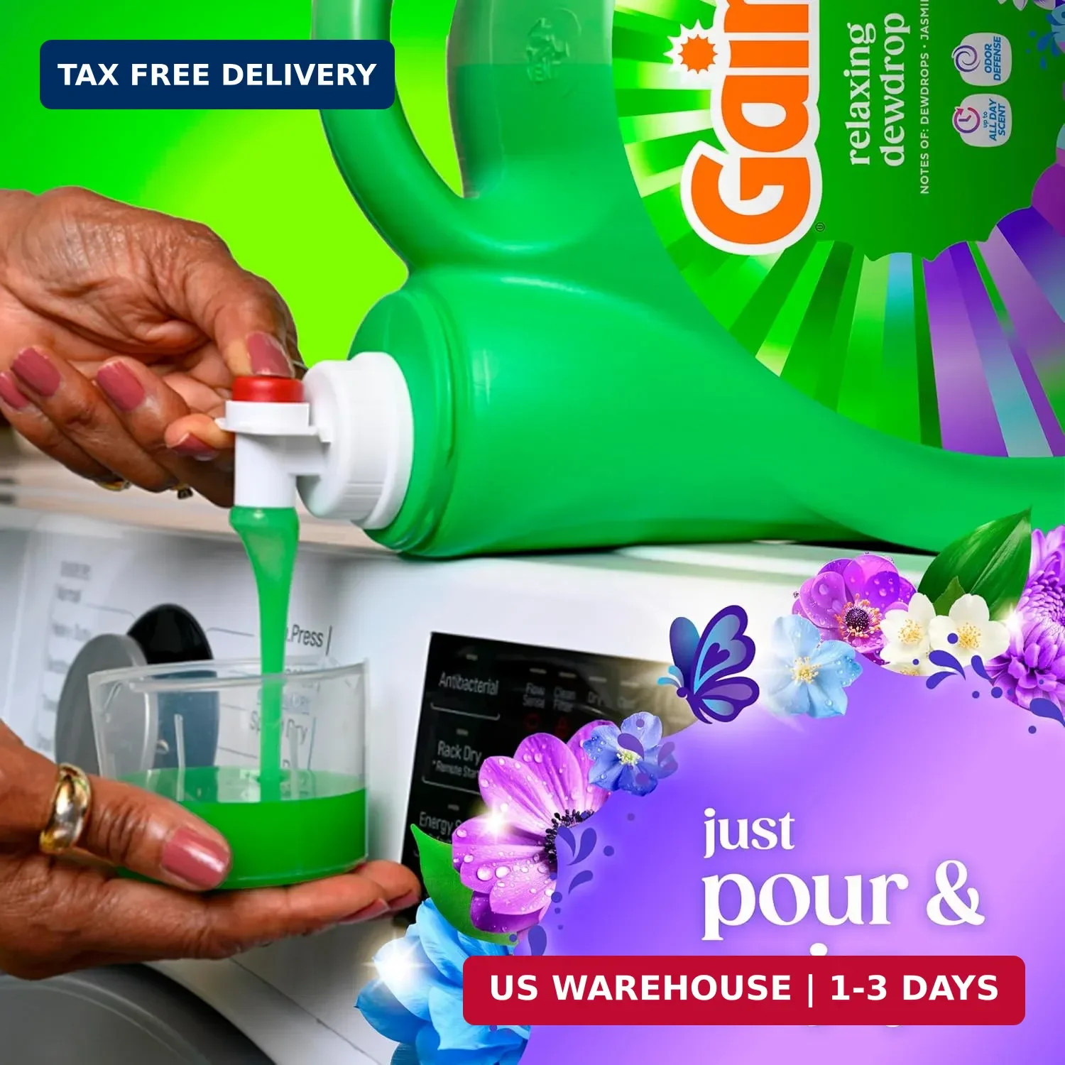 Gain Liquid Laundry Detergent, Now with Odor Defense, Relaxing Dewdrop Scent, 13