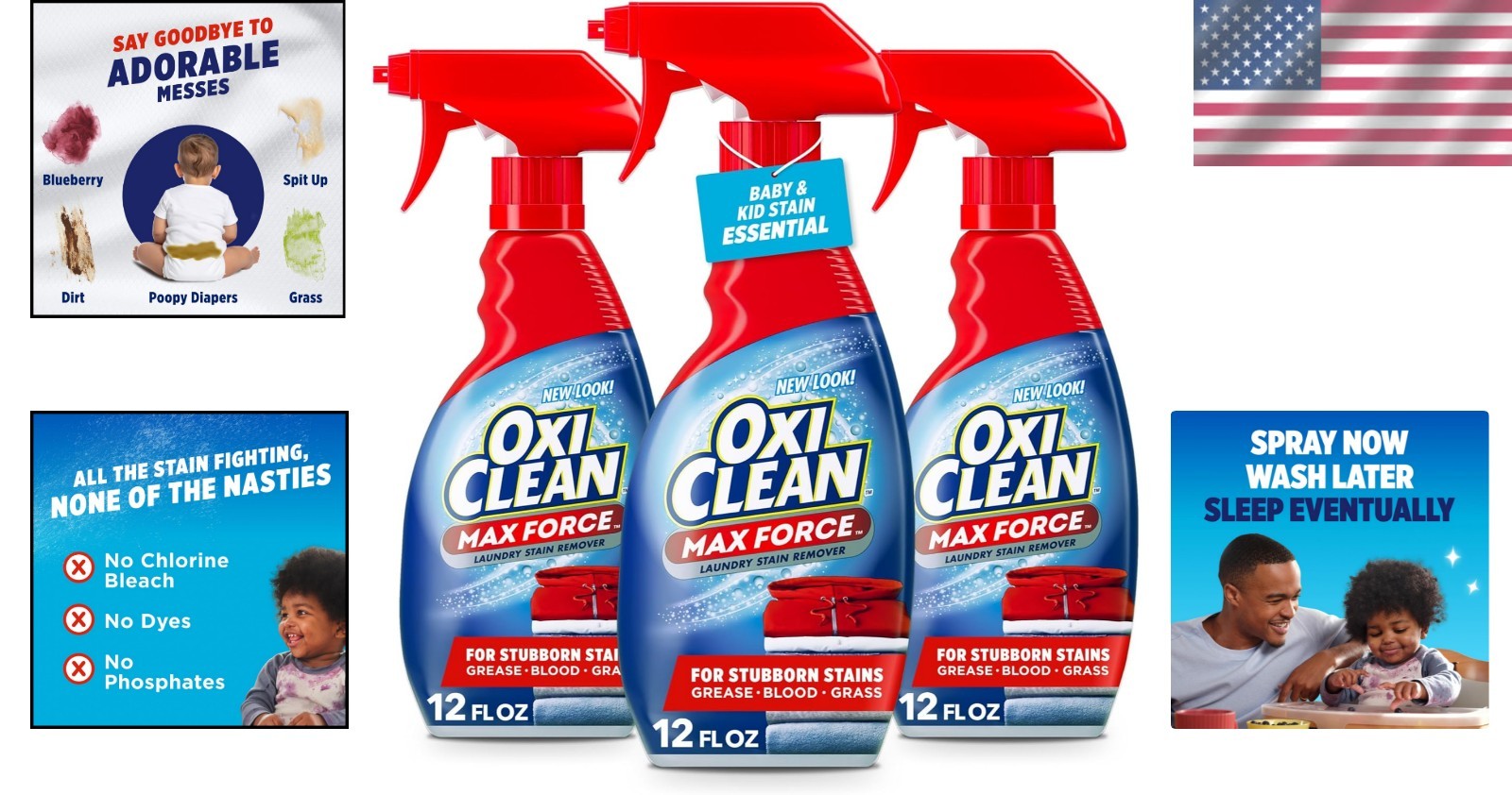Max Force Stain Remover Spray, Gentle on Baby Clothes – 12 fl oz, 3-Pack