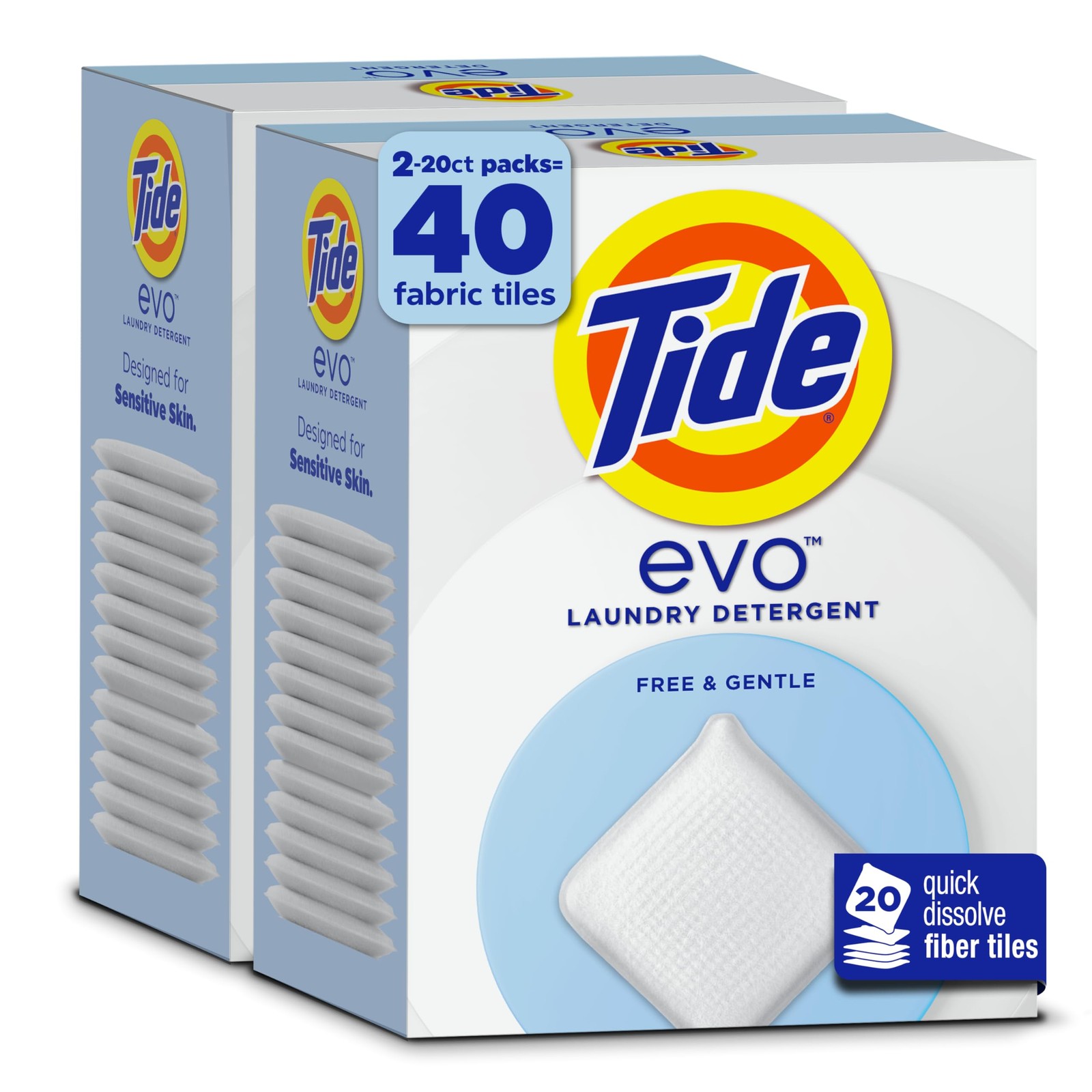Tide evo Free & Gentle Tiles Fragrance-Free 40 Count (Pack of 1), White